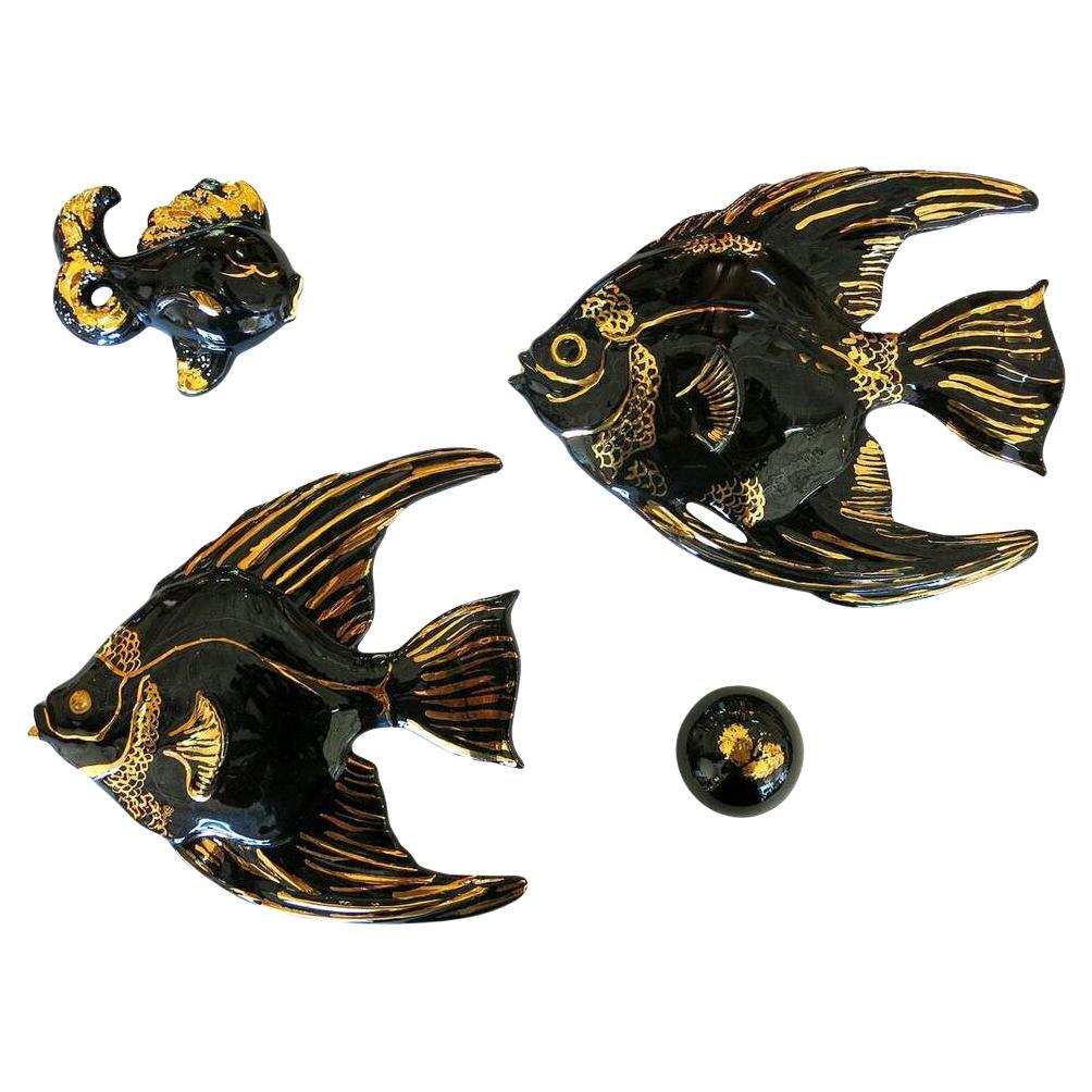 Mid-century Ceramic Black & Gold Plaster Aquatic Angelfish Wall Art, Set of 4