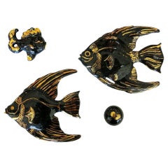 Mid-century Ceramic Black & Gold Plaster Aquatic Angelfish Wall Art, Set of 4