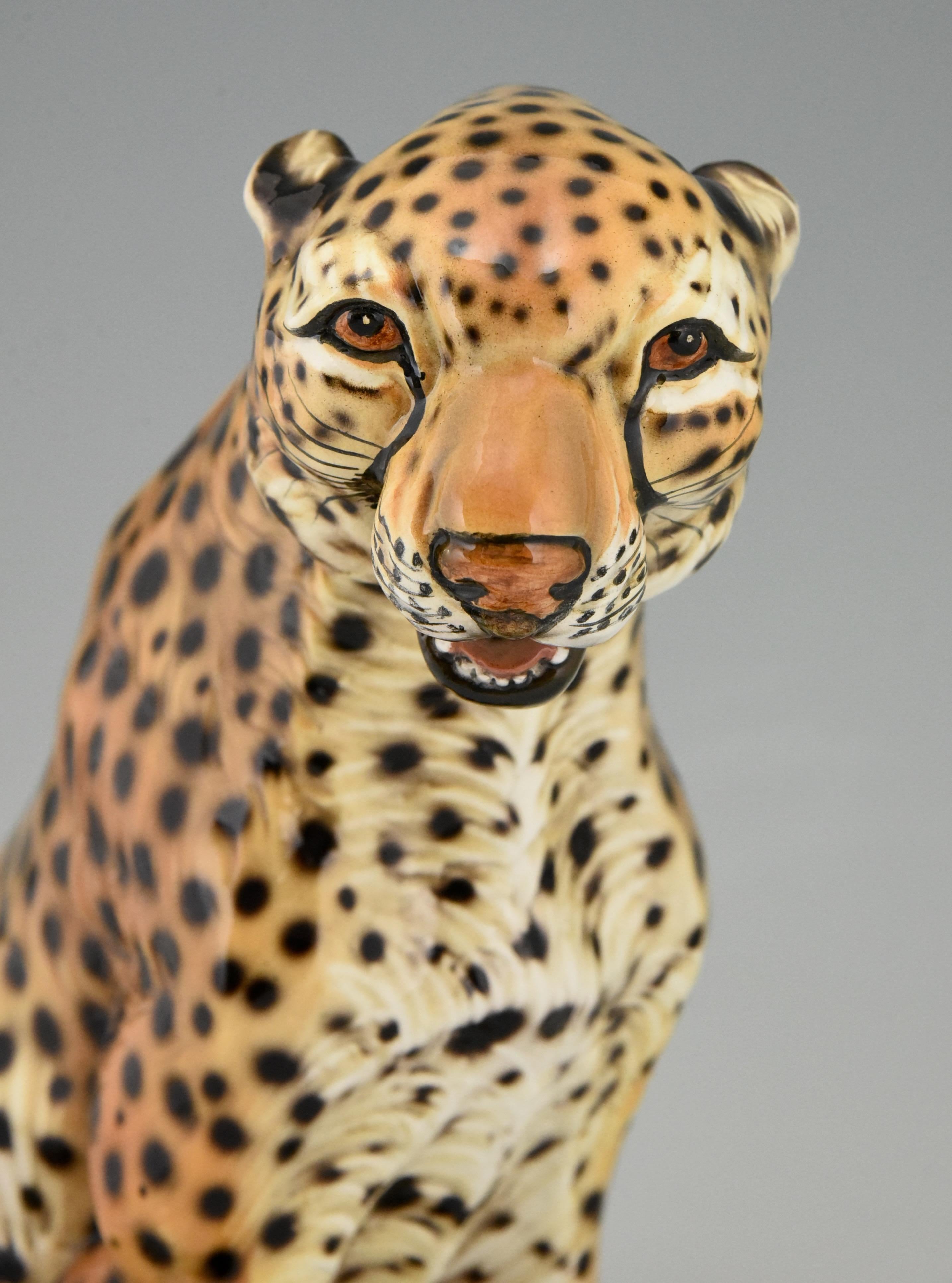 Hand-Painted Midcentury Ceramic cheetah leopard sculpture by Giovanni Ronzan, Italy, 1960