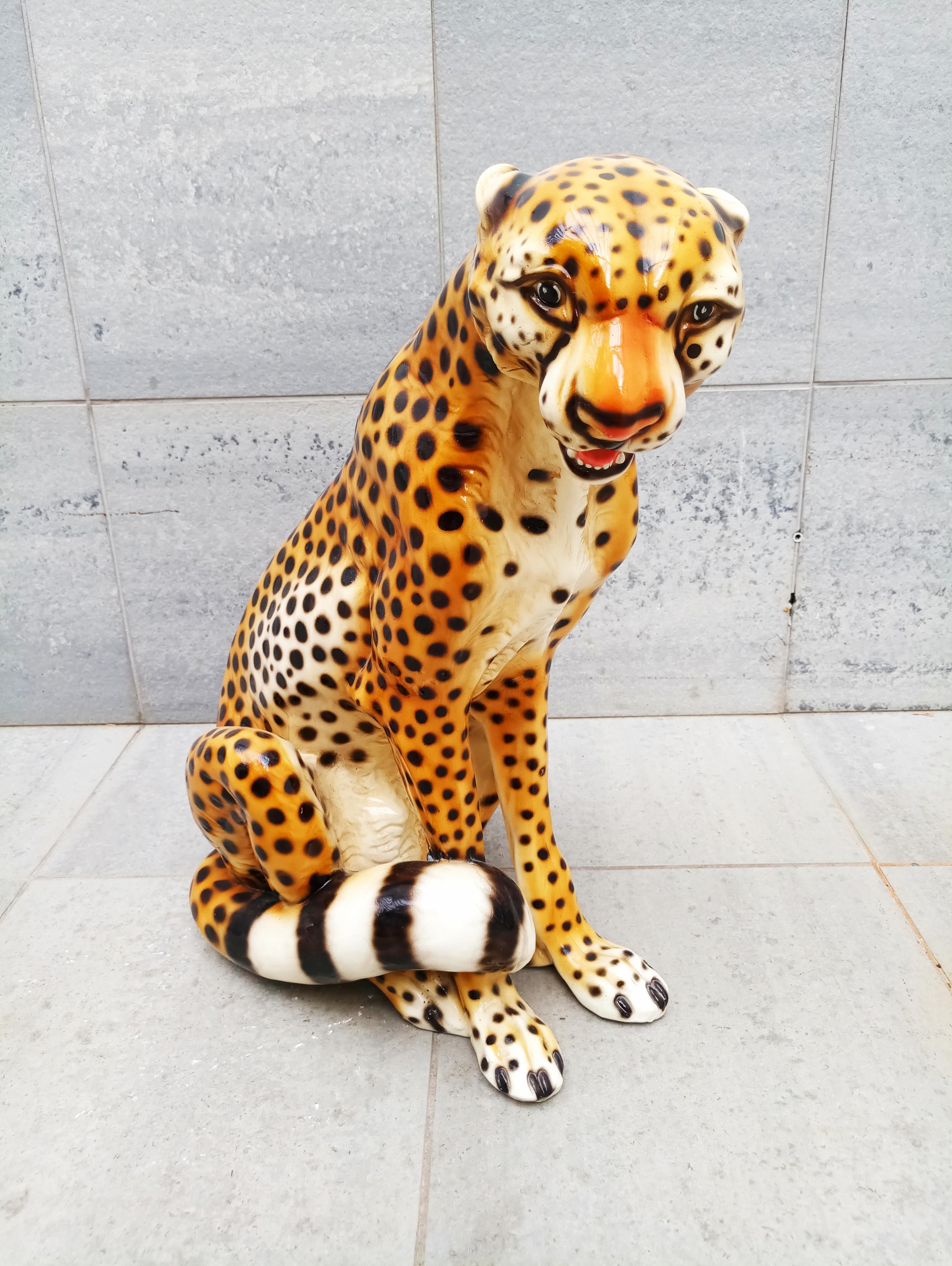 Italian Mid-century Ceramic Cheetah Leopard Sculpture, Italy, 1960s