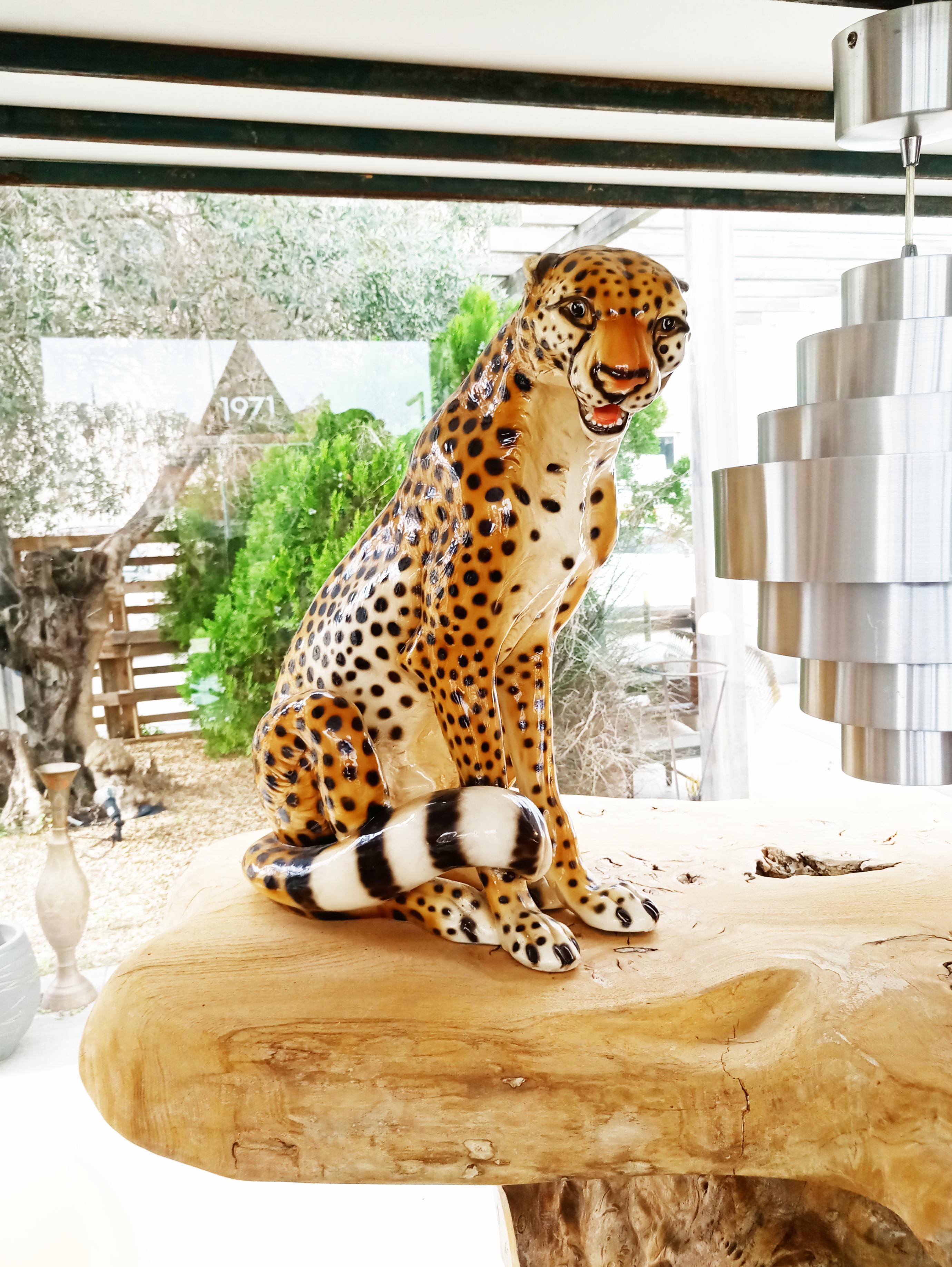 Mid-century Ceramic Cheetah Leopard Sculpture, Italy, 1960s In Good Condition In L'Escala, ES