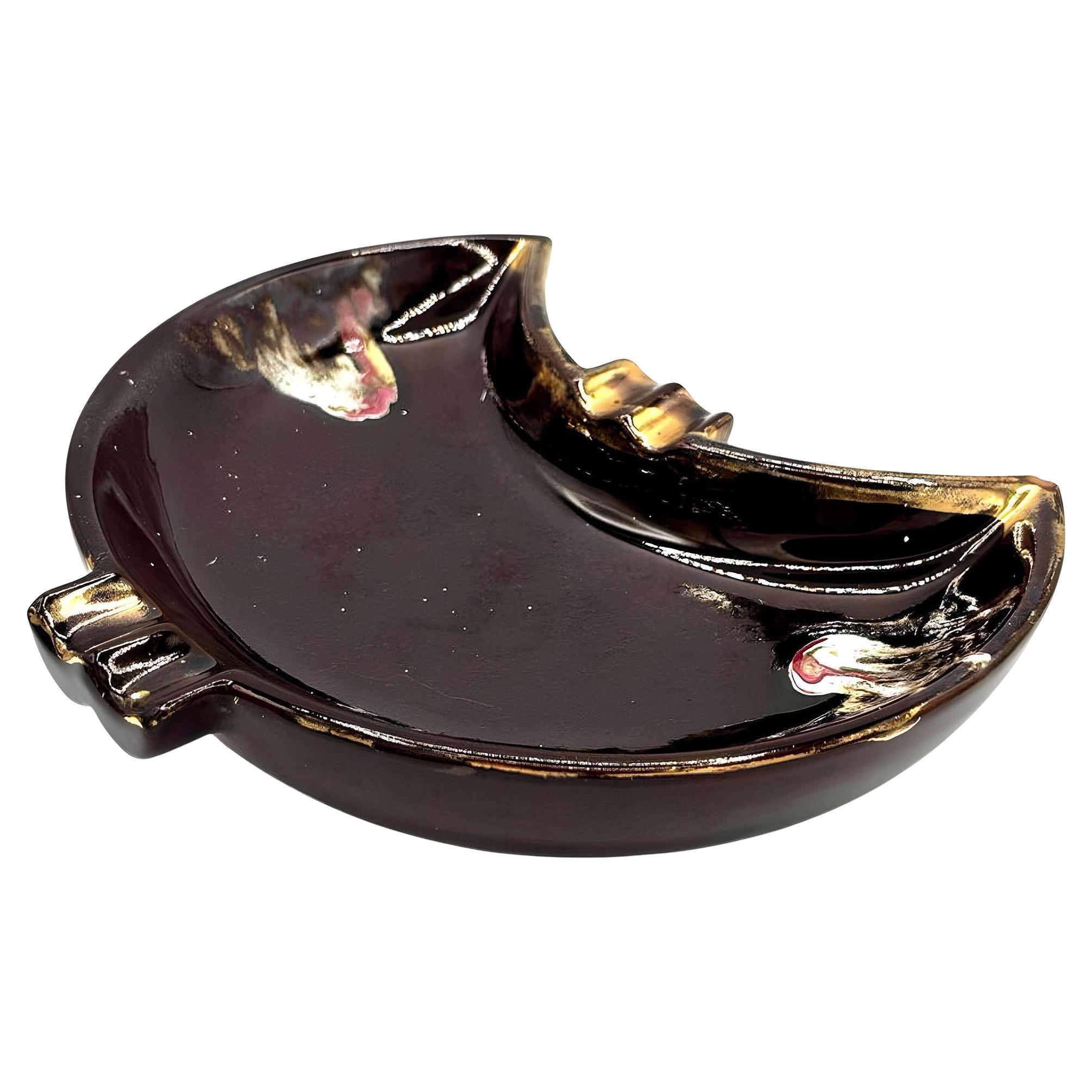 Mid Century Ceramic Crescent Shaped Glazed Ashtray Dish