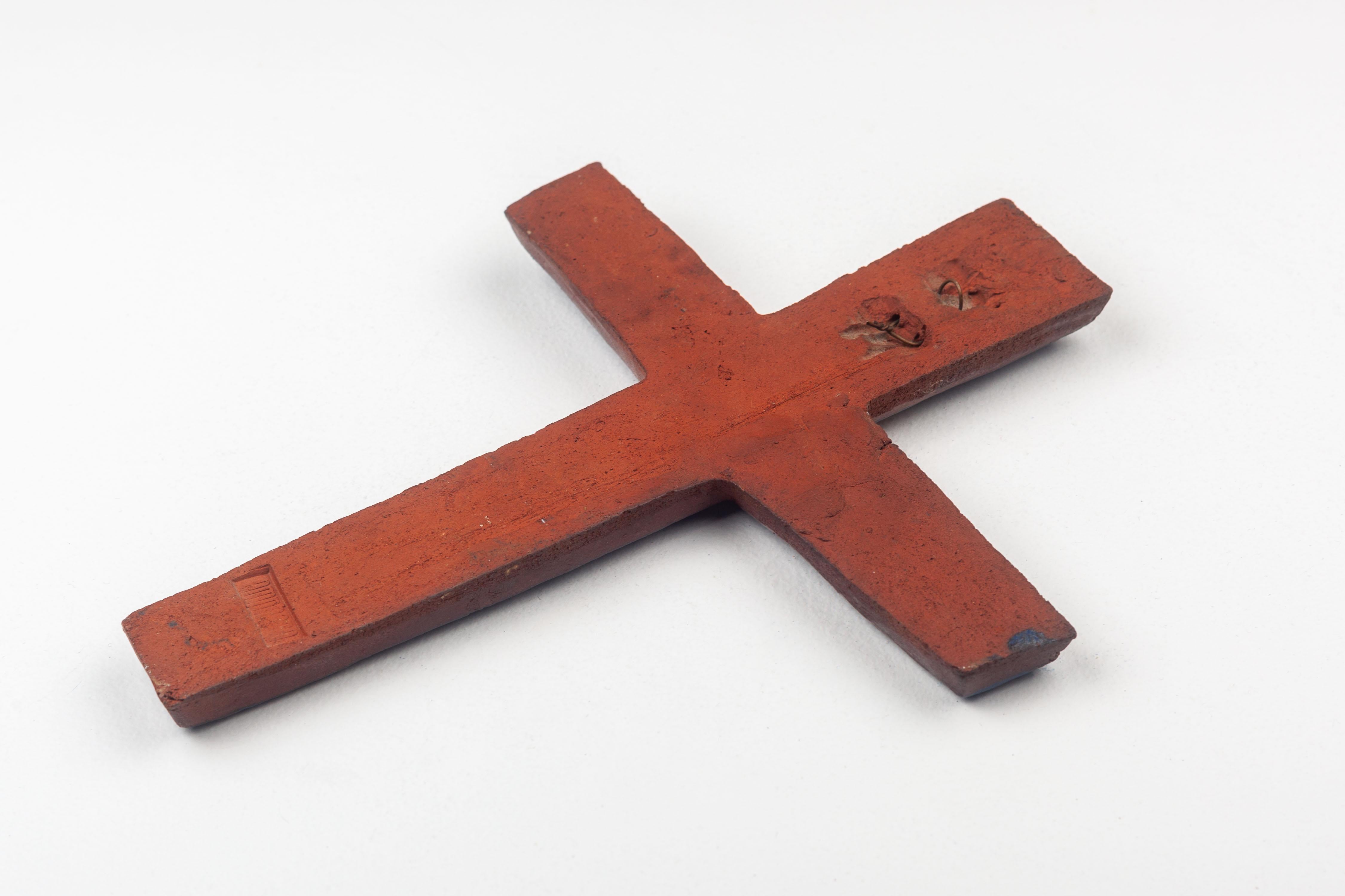 Mid-20th Century Mid-Century Ceramic Crucifix with Cobalt Glaze For Sale