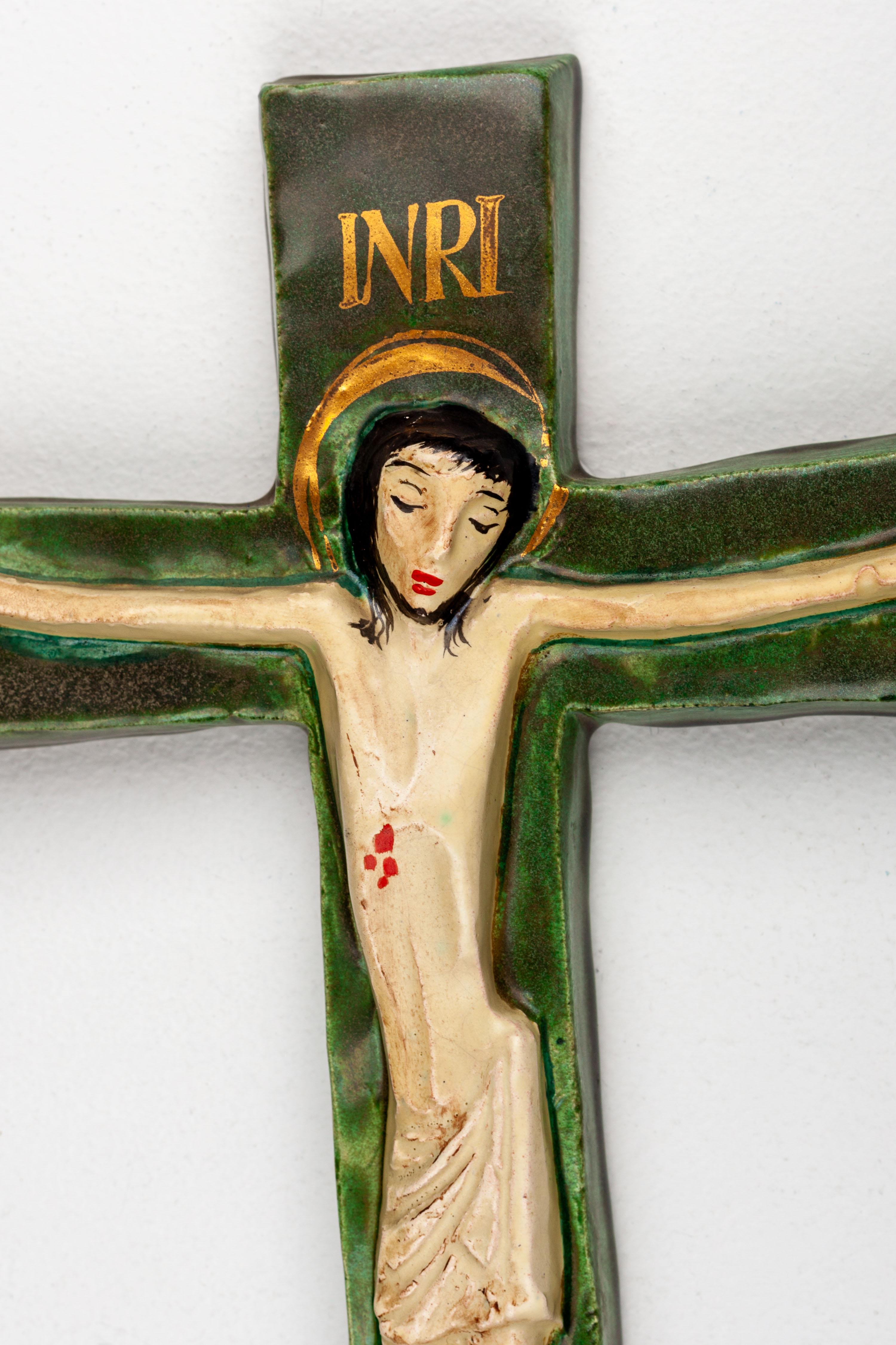 Mid-Century Modern Mid-Century Ceramic Crucifix with INRI Inscription For Sale
