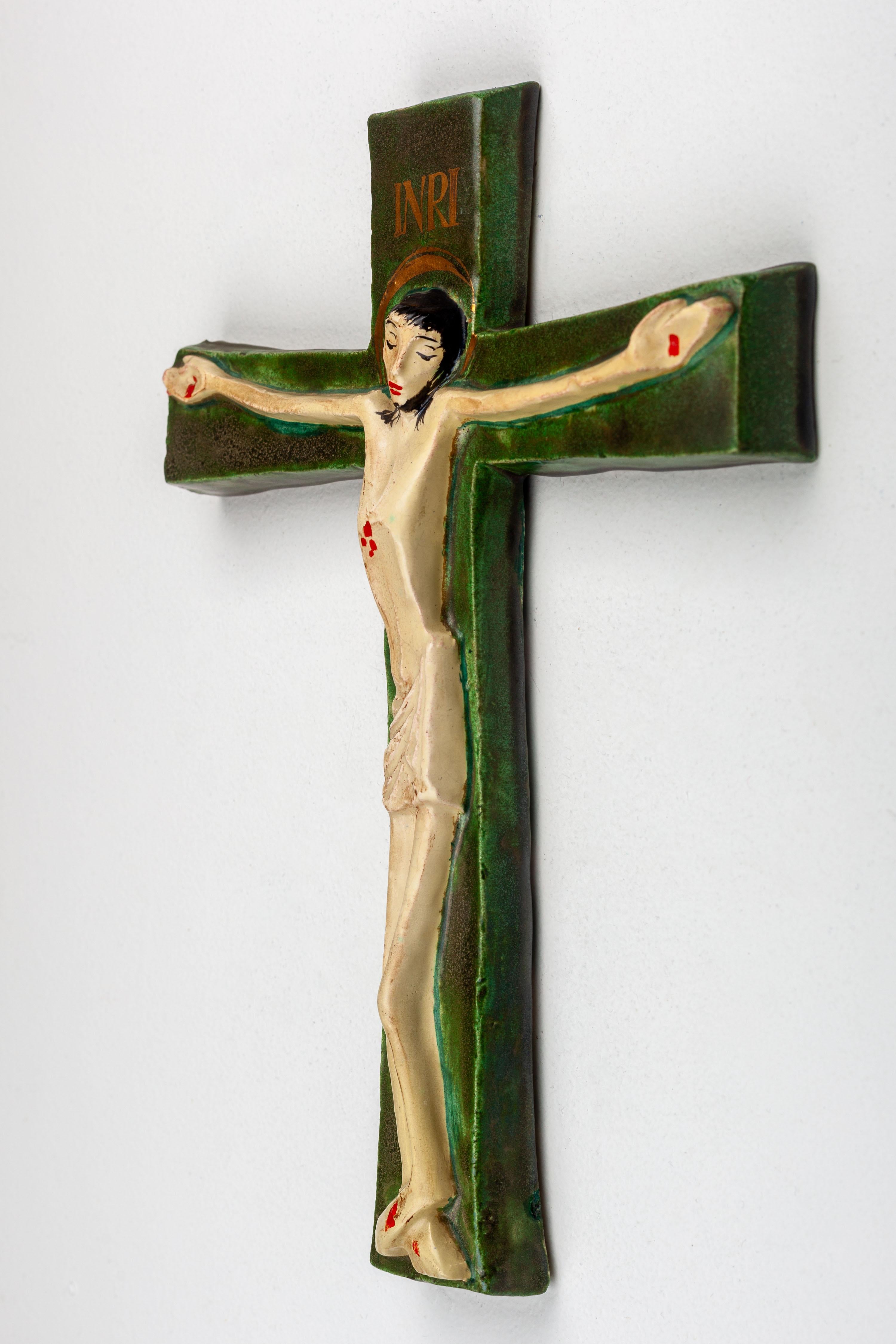 Mid-20th Century Mid-Century Ceramic Crucifix with INRI Inscription For Sale