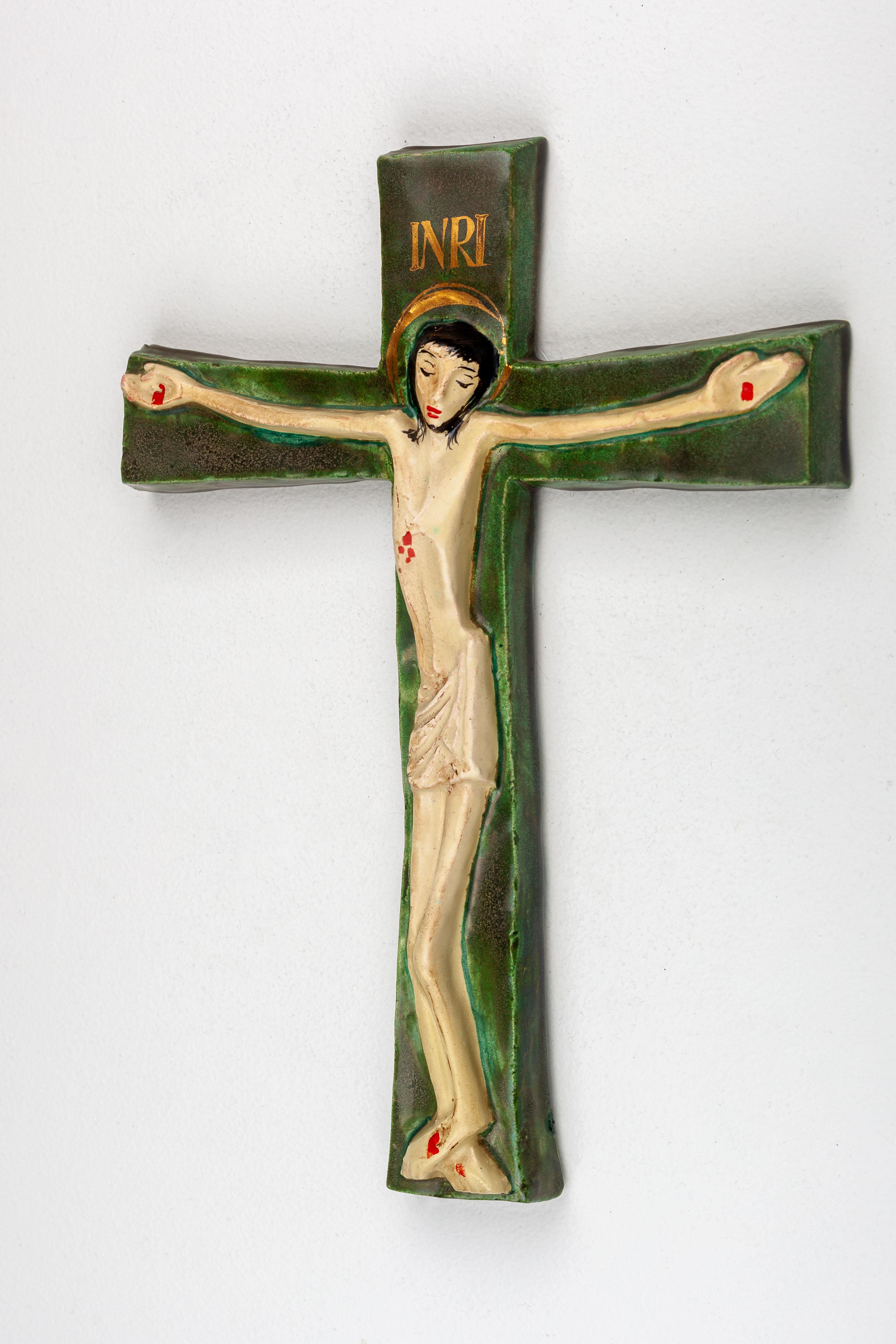 Mid-Century Ceramic Crucifix with INRI Inscription For Sale 1