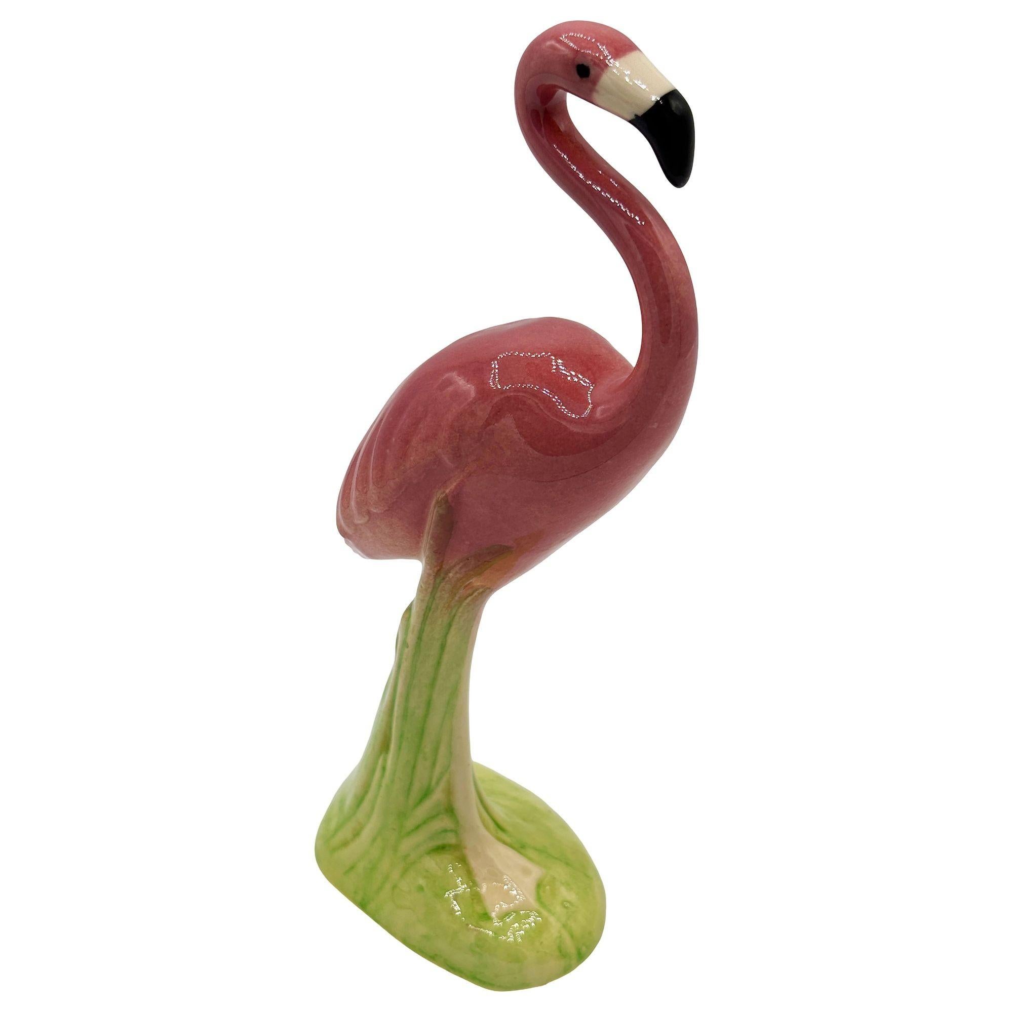 American Mid-century Ceramic Curious Watcher Pink Flamingo Tabletop Statue by Metlox For Sale