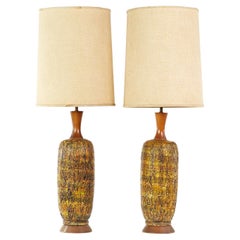 Mid Century Ceramic Drip and Walnut Table Lamps - Pair