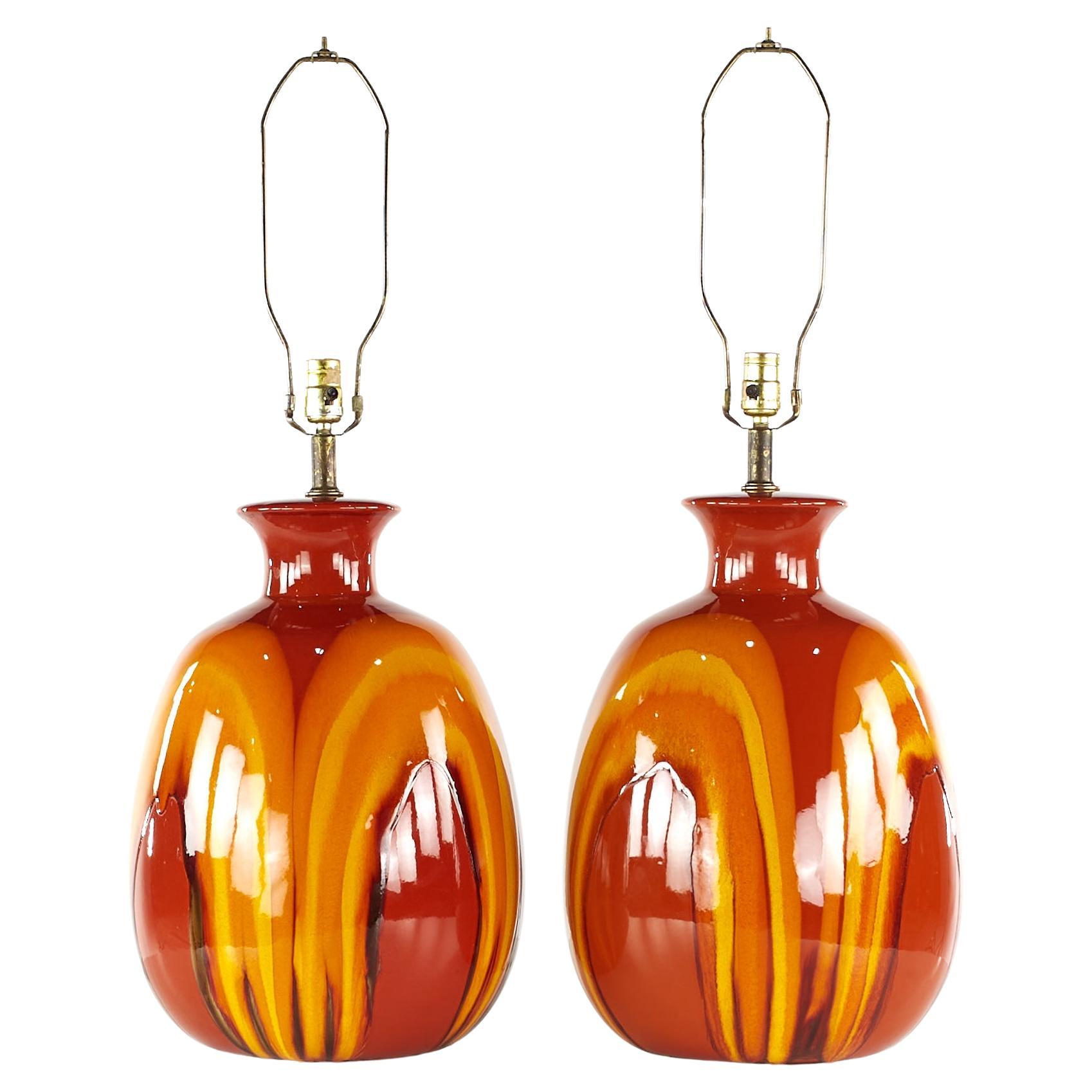 Pair Tangerine Drip Glaze Ceramic and Brass Table Lamps at 1stDibs