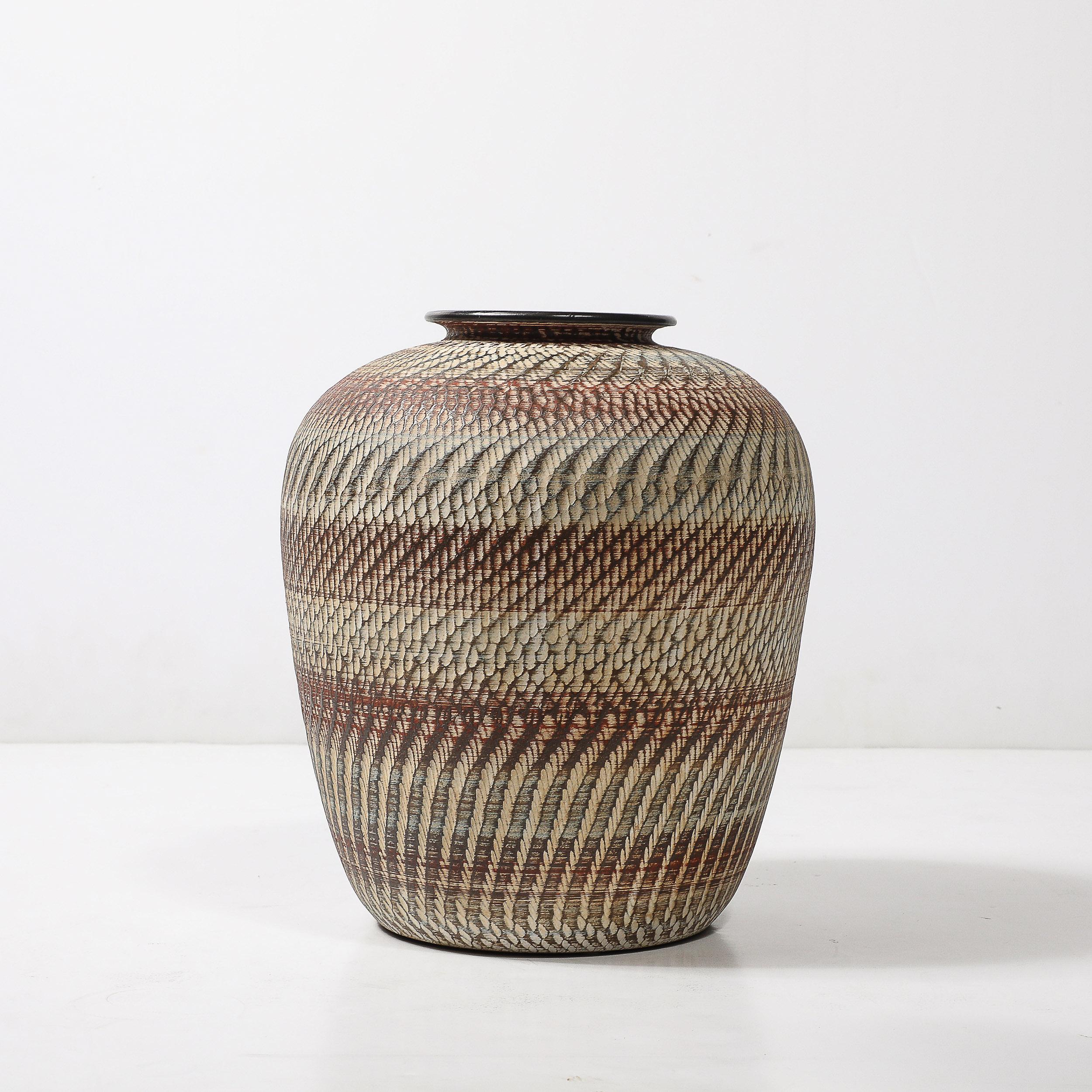 Mid-Century Ceramic Earth Toned Vase W/ Scaled Textural Detailing signed Germany For Sale 4