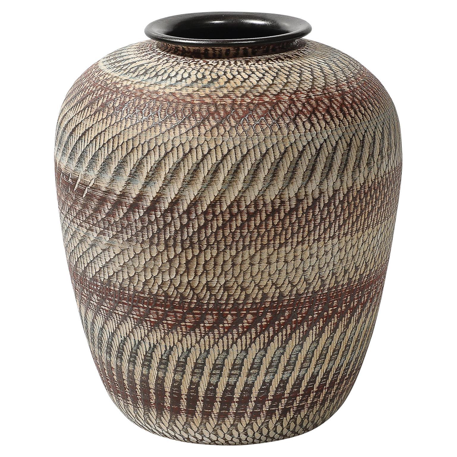 Mid-Century Ceramic Earth Toned Vase W/ Scaled Textural Detailing signed Germany