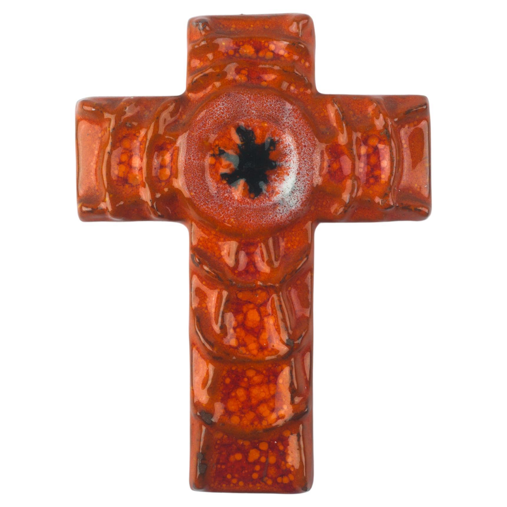 Mid-Century Ceramic European Crucifix, Orange Web, Black, 1970s