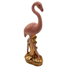 Mid-century Ceramic Fancy Bird Pink & Gold Flamingo Tabletop Statue