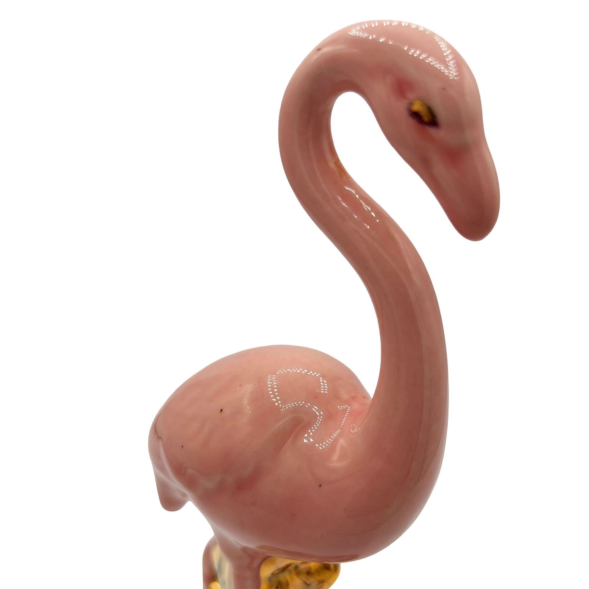 Mid-Century Modern Mid-century Ceramic Fancy Bird Pink & Gold Flamingo Tabletop Statue For Sale