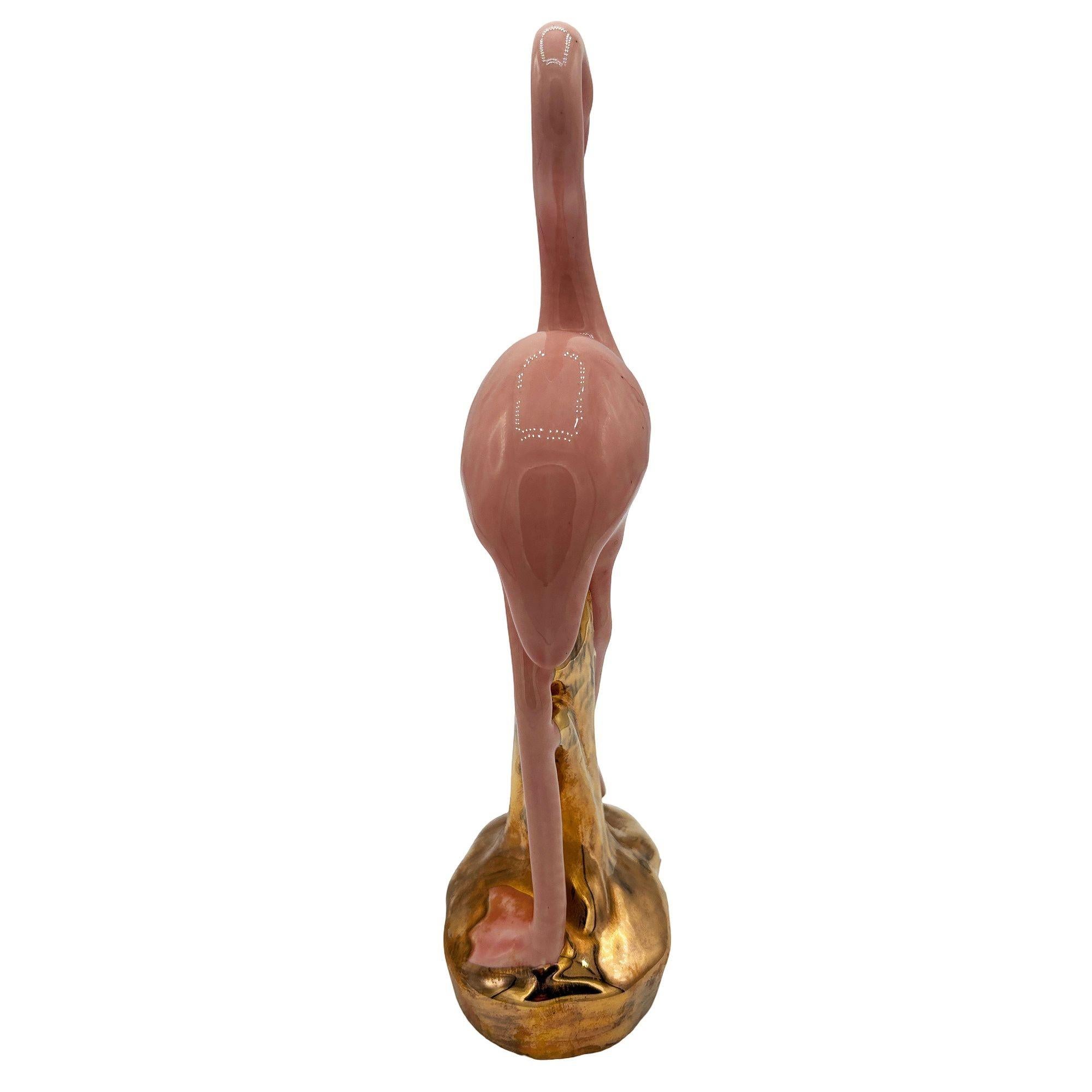 American Mid-century Ceramic Fancy Bird Pink & Gold Flamingo Tabletop Statue For Sale