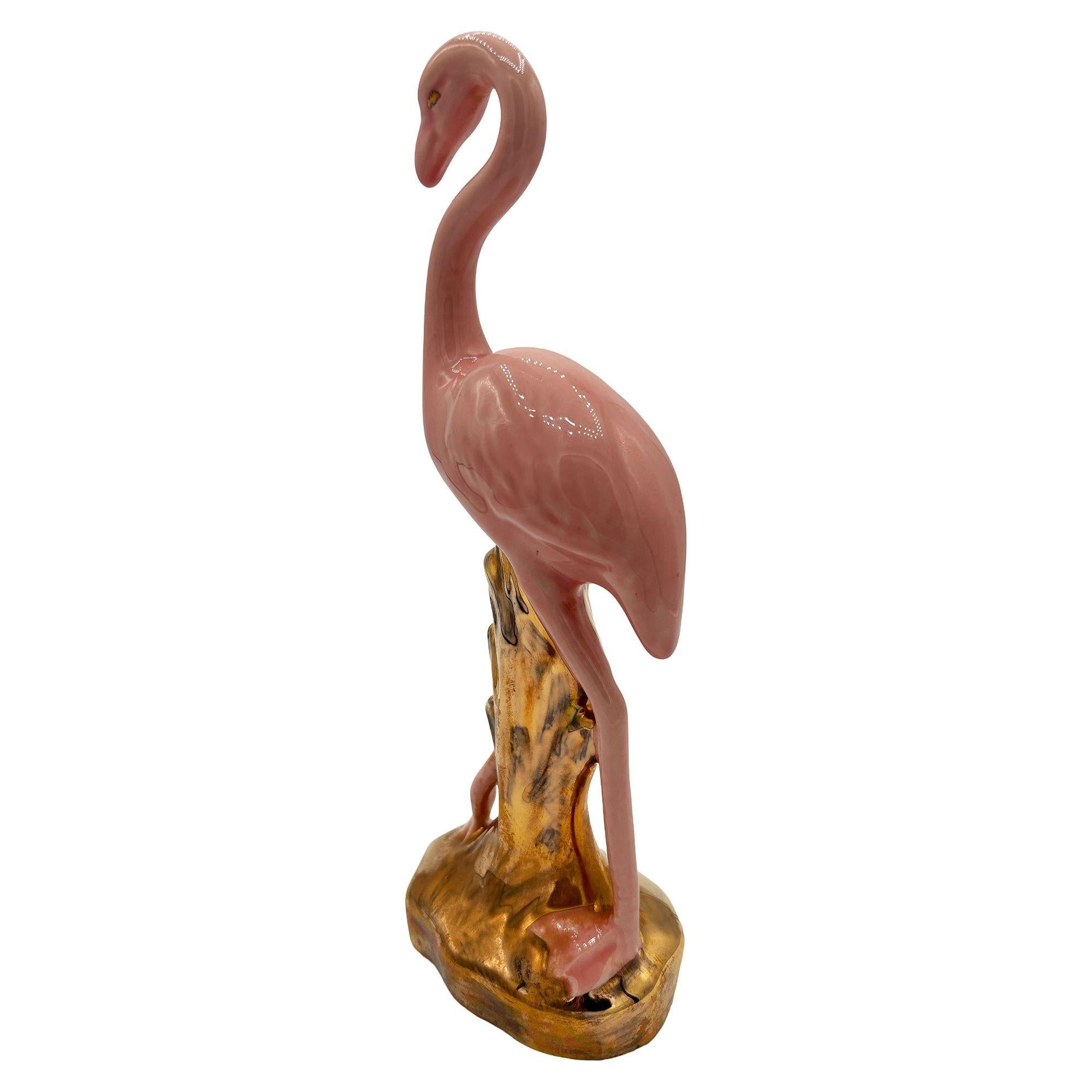 Mid-century Ceramic Fancy Bird Pink & Gold Flamingo Tabletop Statue In Excellent Condition For Sale In Van Nuys, CA