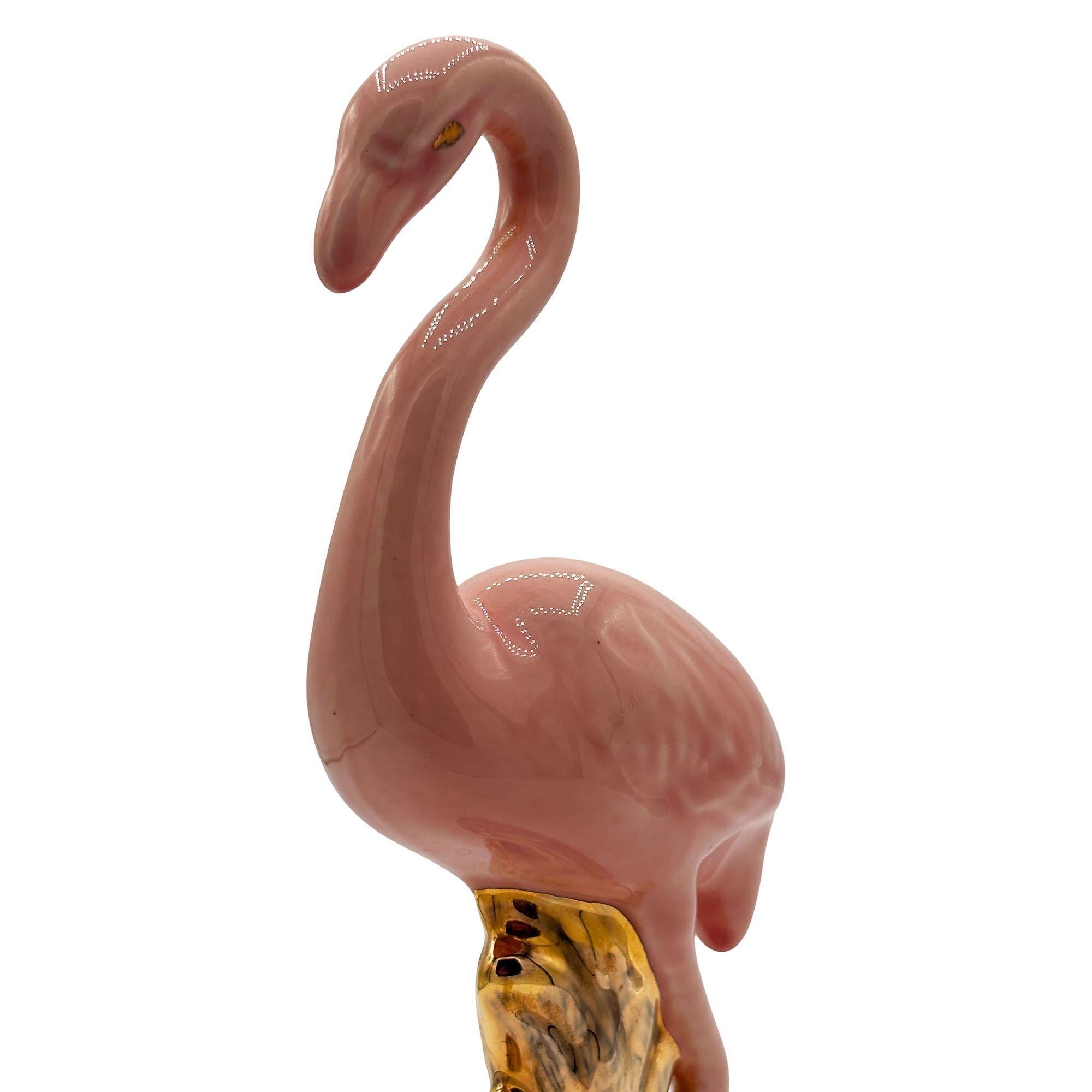 Mid-century Ceramic Fancy Bird Pink & Gold Flamingo Tabletop Statue For Sale 1