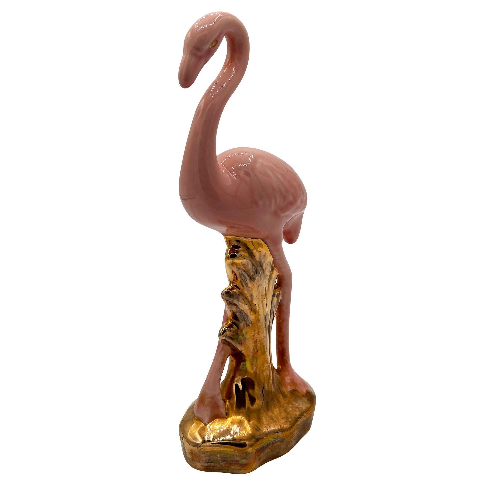 Mid-century Ceramic Fancy Bird Pink & Gold Flamingo Tabletop Statue For Sale 2