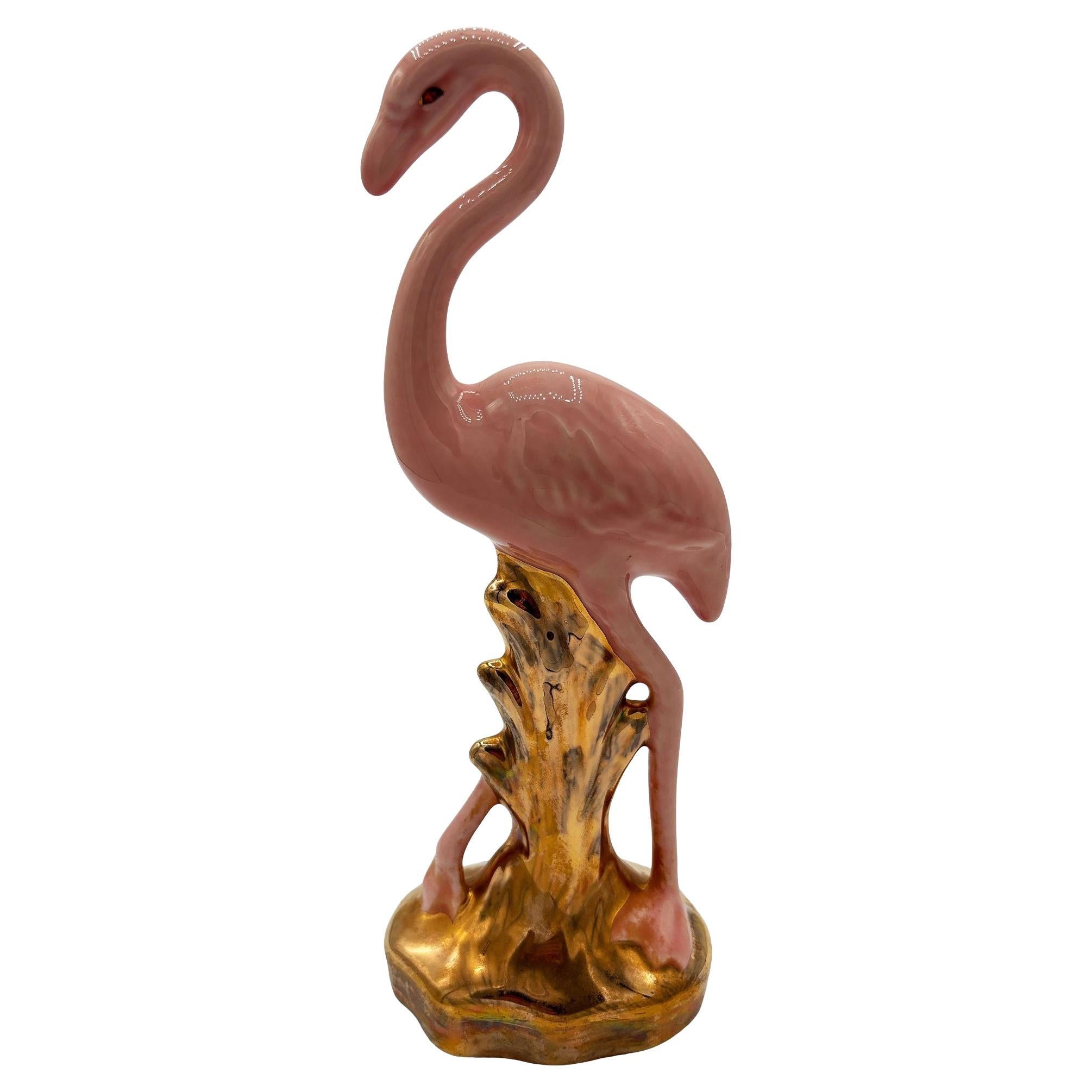 Mid-century Ceramic Fancy Bird Pink & Gold Flamingo Tabletop Statue For Sale