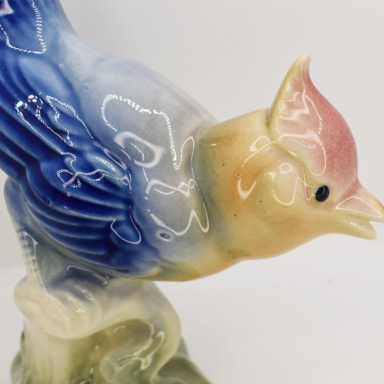 Mid-Century Modern Mid Century Ceramic Figural Bird Statue in Pink Blue Green and Yellow