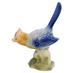 Mid Century Ceramic Figural Bird Statue in Pink Blue Green and Yellow