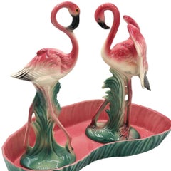Mid-century Ceramic Flamingo Figurine Set in Tropical Pond Tray by Maddux