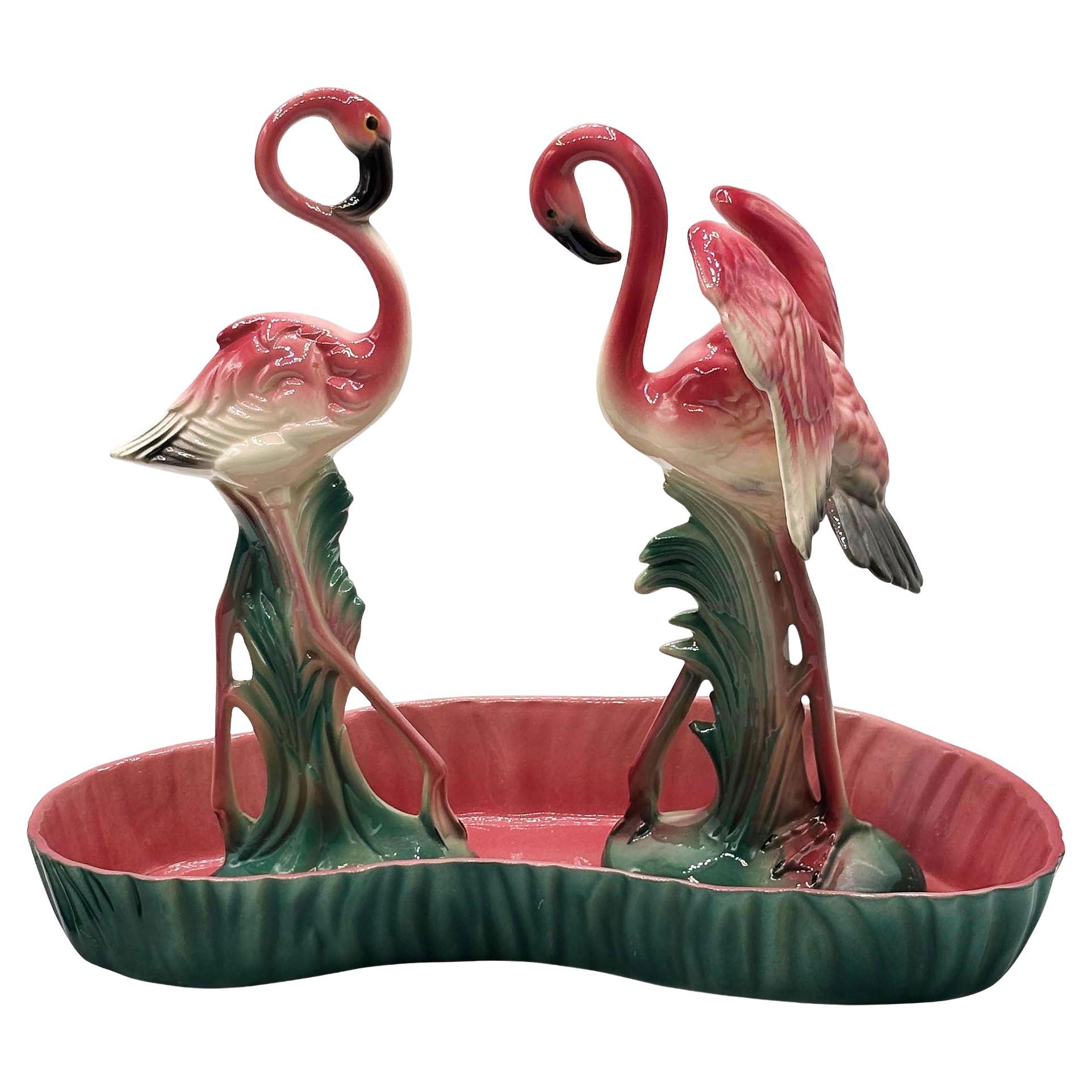 Mid-century Ceramic Flamingo Figurine Set in Tropical Pond Tray by Maddux