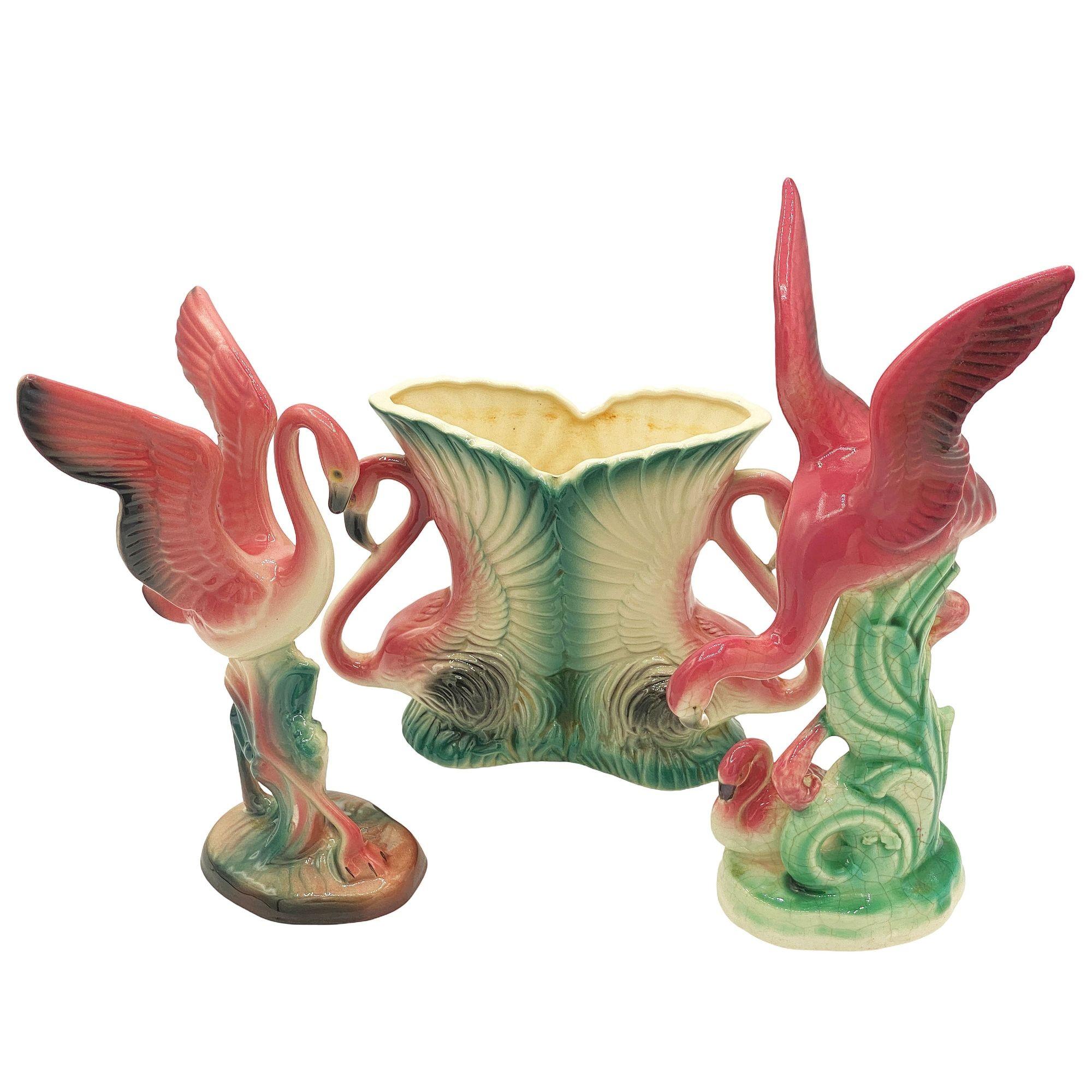 Keramisches Flamingo-Figuren- und Vasen-Set aus der Mitte des Jahrhunderts von Maddux & Leftons (Moderne der Mitte des Jahrhunderts) im Angebot