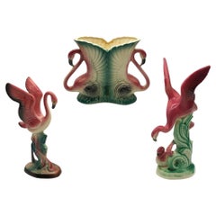 Set di fenicotteri e vasi in ceramica di metà secolo di Maddux & Leftons