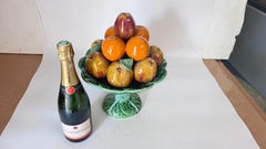 Mid-Century Ceramic Fruit Basket – Hand-Painted Green & White Bowl