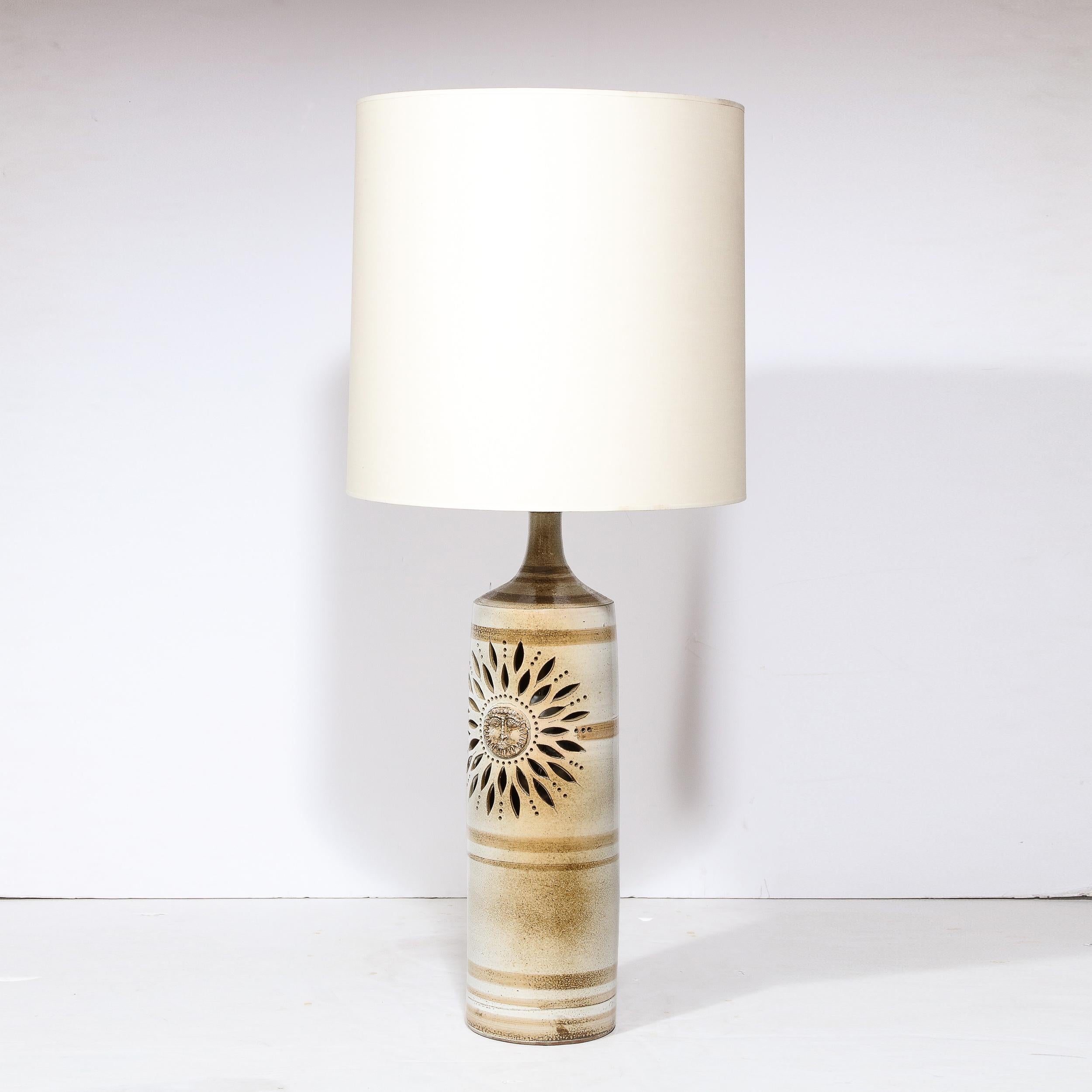 Midcentury Ceramic Hand Painted Floral Sun Motif Table Lamp by Pierre Pissareff In Excellent Condition For Sale In New York, NY