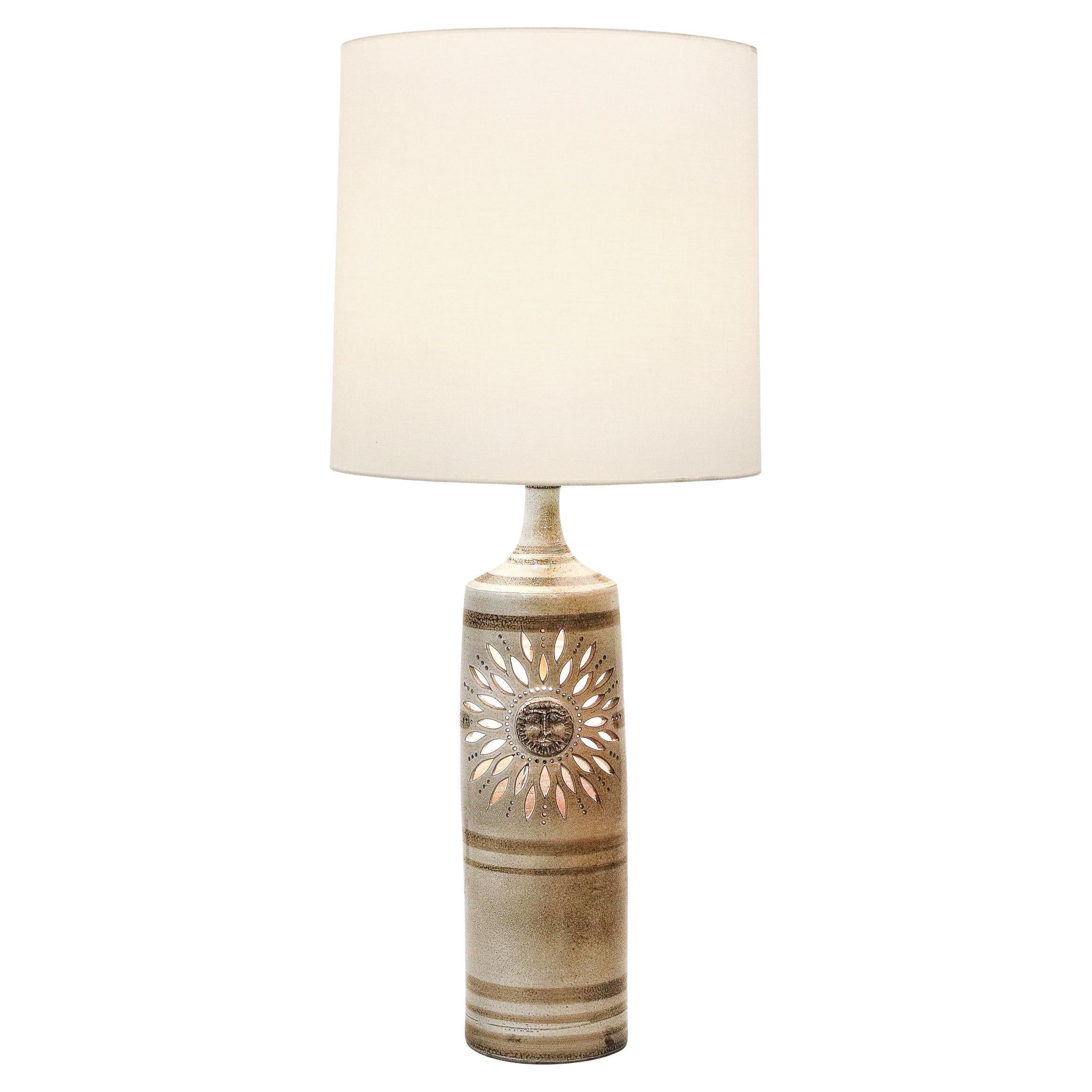 Midcentury Ceramic Hand Painted Floral Sun Motif Table Lamp by Pierre Pissareff For Sale