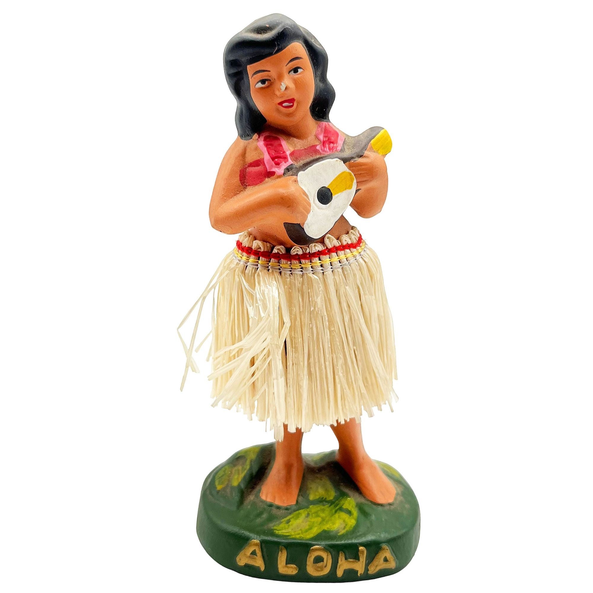 Mid-Century Ceramic Hawaii Hula Girl Dancing Ukulele Player Bobble Doll For Sale