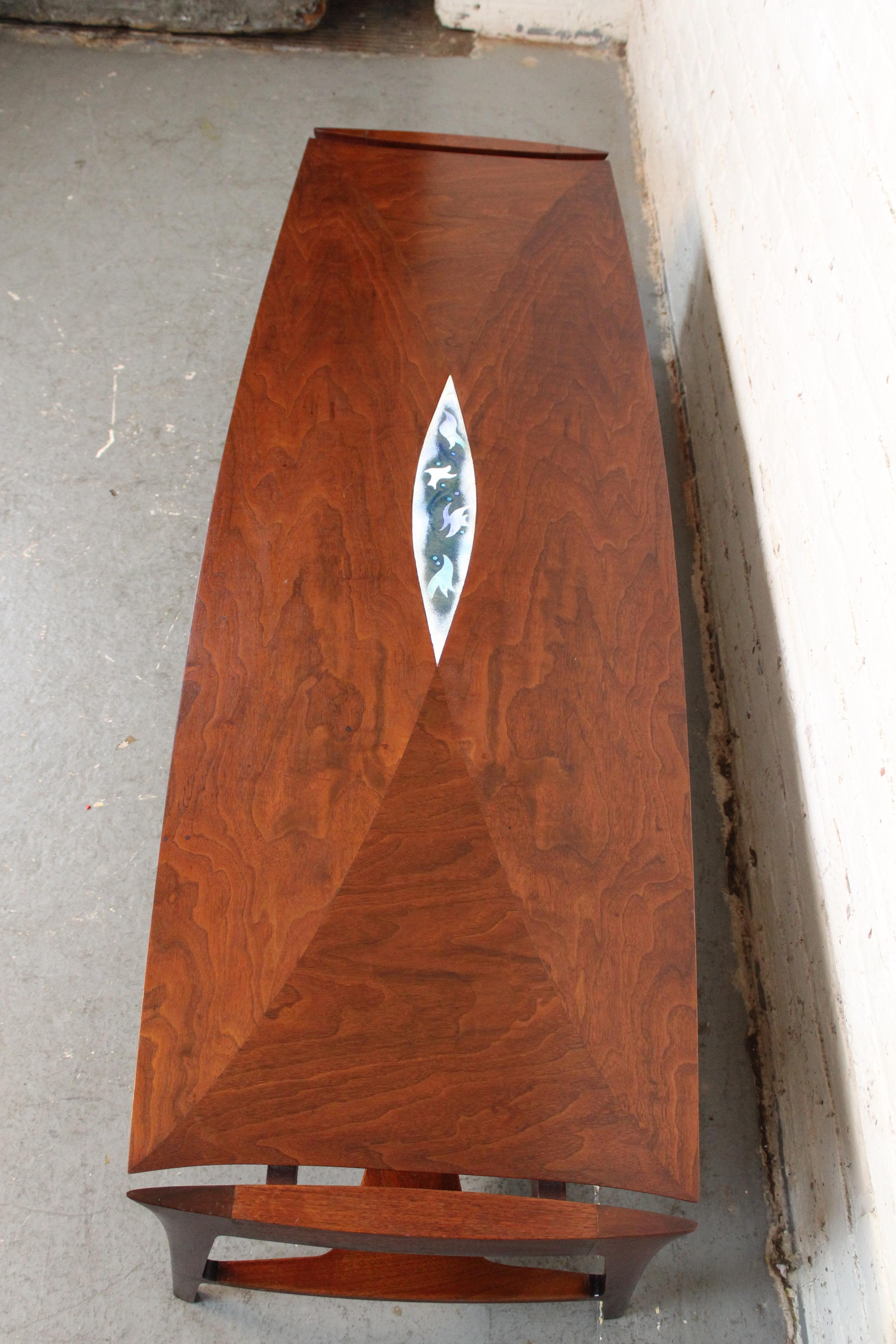 Carved Mid-Century Ceramic Inlaid Coffee Table by John Stuart For Sale