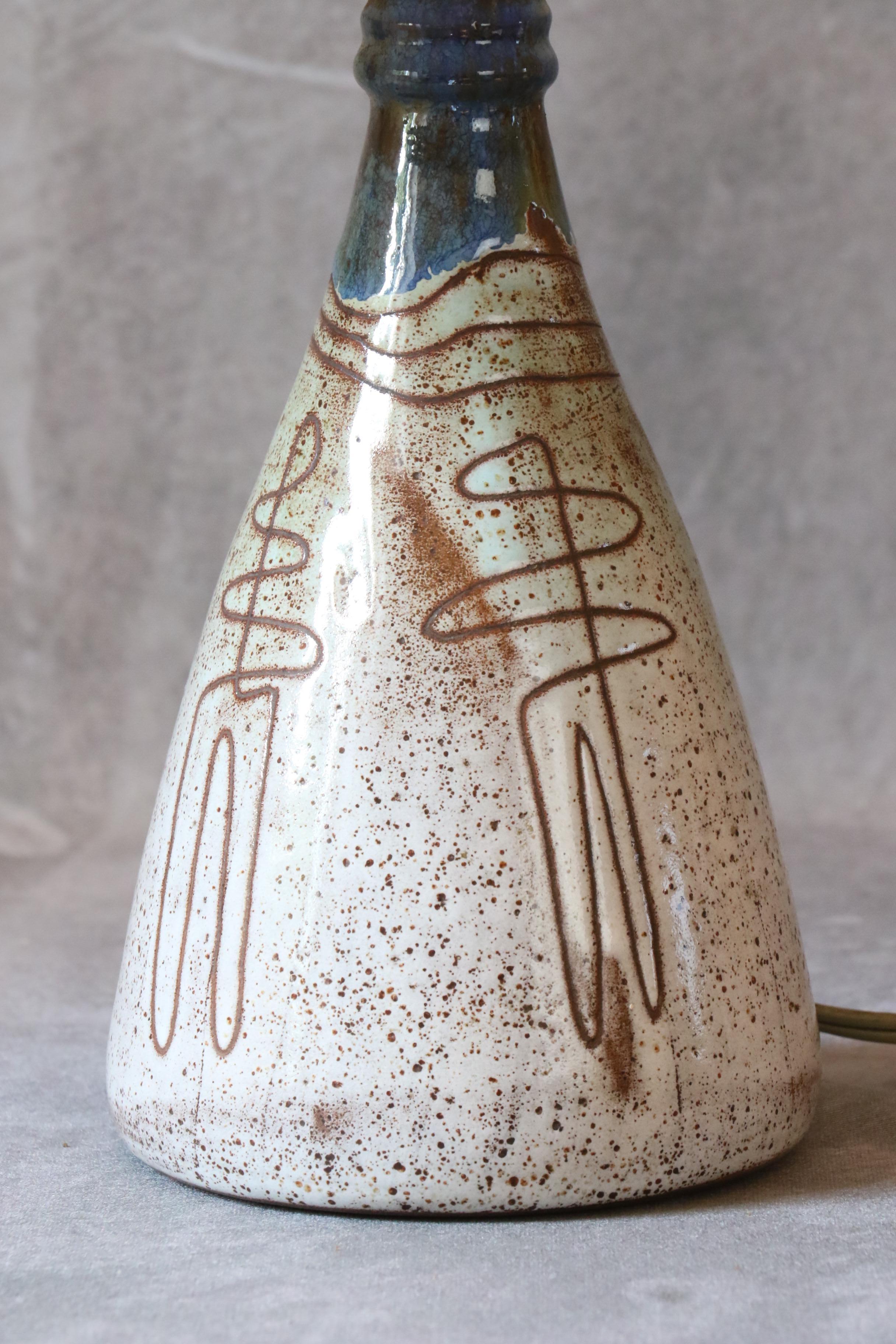 Enameled Mid-Century Ceramic Lamp by Jean Rivier, 1950's, Vallauris, France For Sale