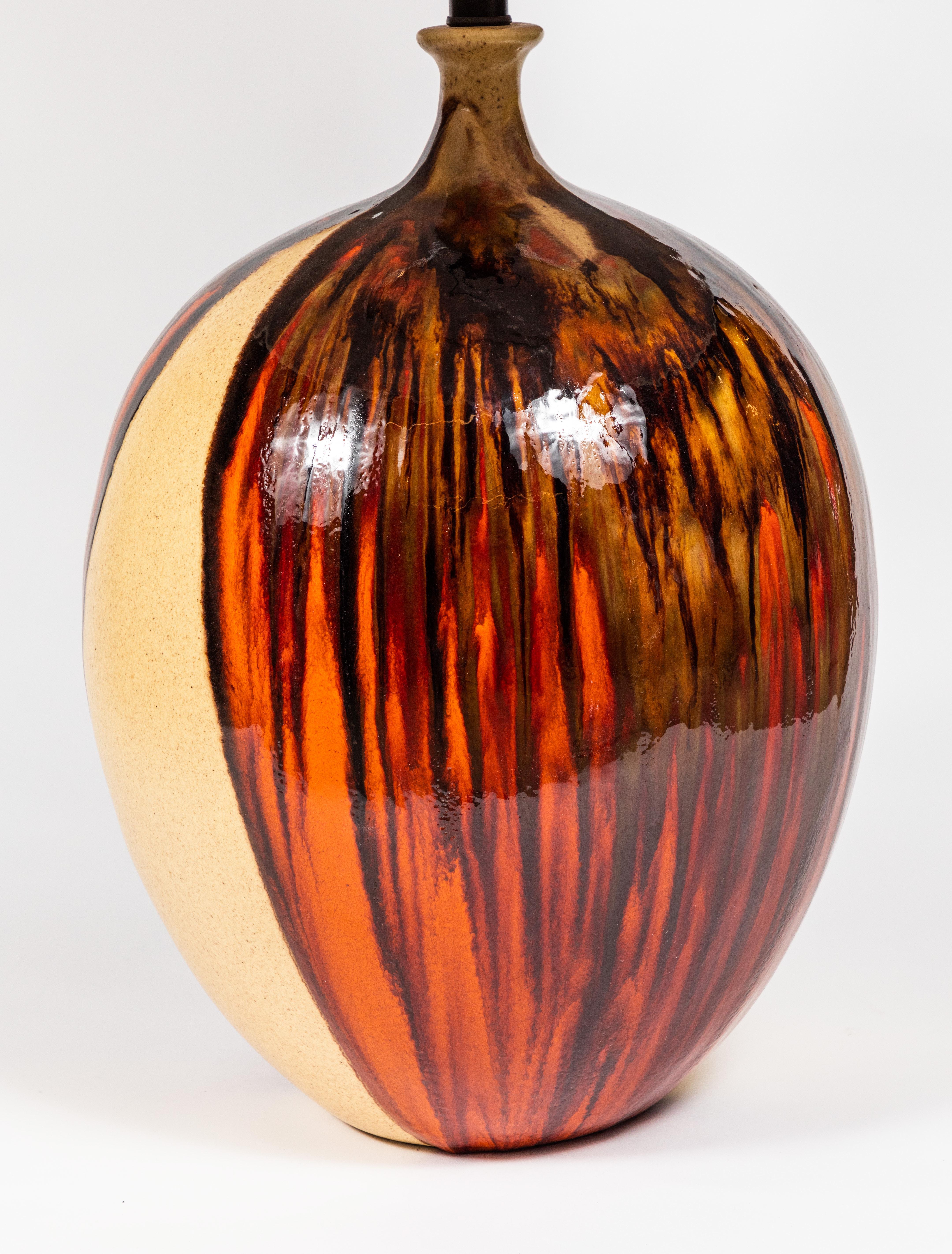 Mid-Century Modern Midcentury Ceramic Lamp in Drip Glaze in Browns and Orange with Custom Shade