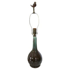 Mid-Century Ceramic Lamp with Bird Finial, Eggplant & Turquoise Glaze, C.1950