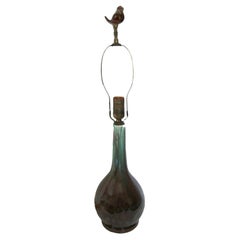 Mid-Century Ceramic Lamp with Bird Finial, Eggplant & Turquoise Glaze, C.1950