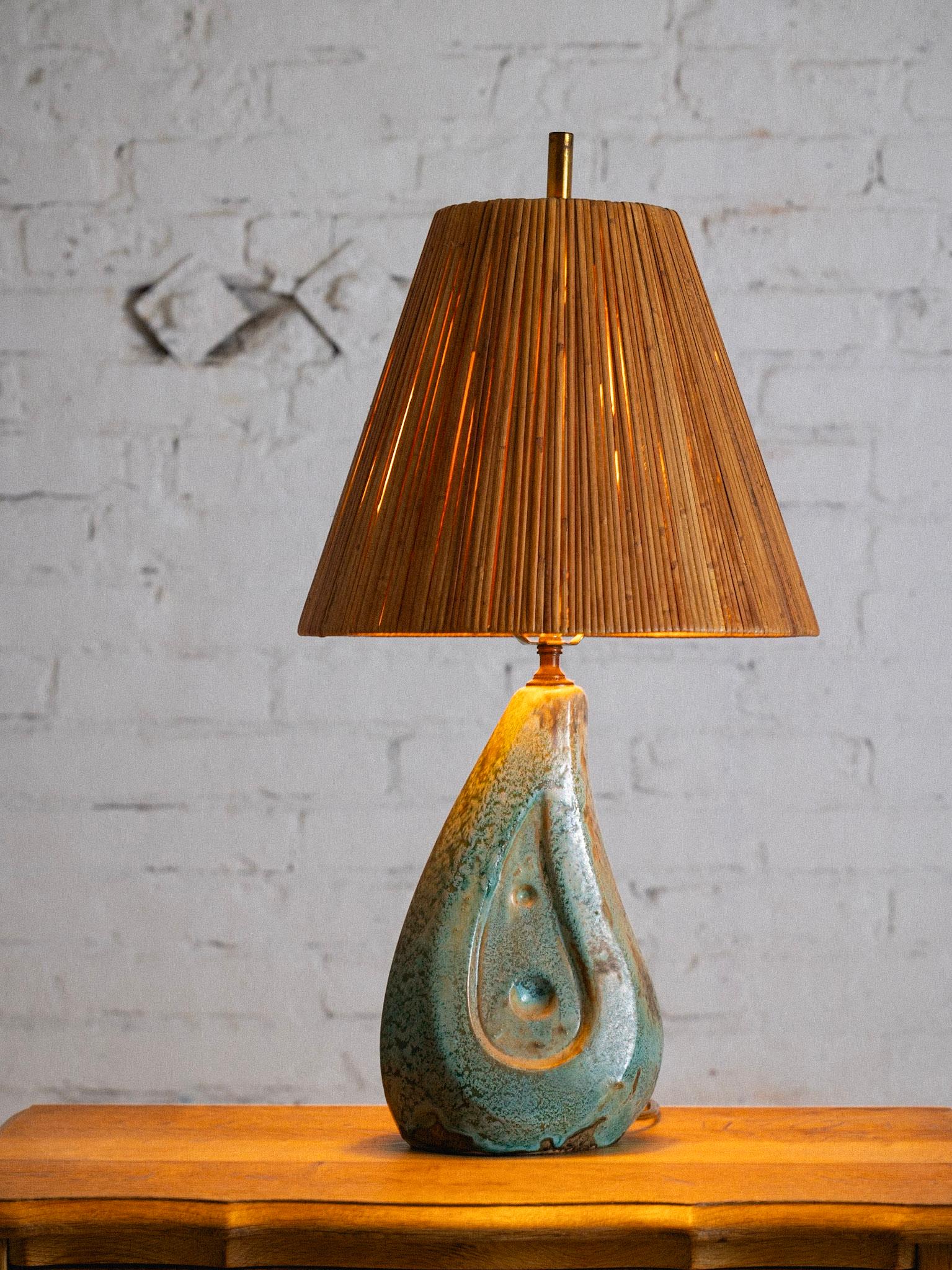 Mid-Century Modern Mid Century Ceramic Lamp With Rattan Shade