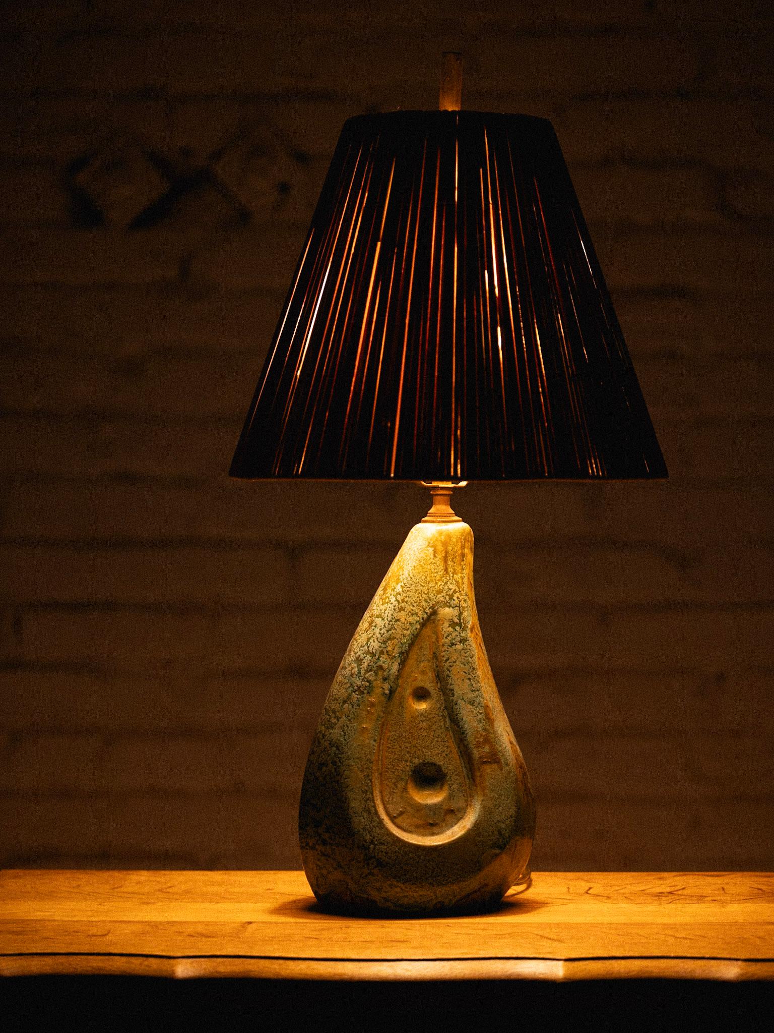 Glazed Mid Century Ceramic Lamp With Rattan Shade