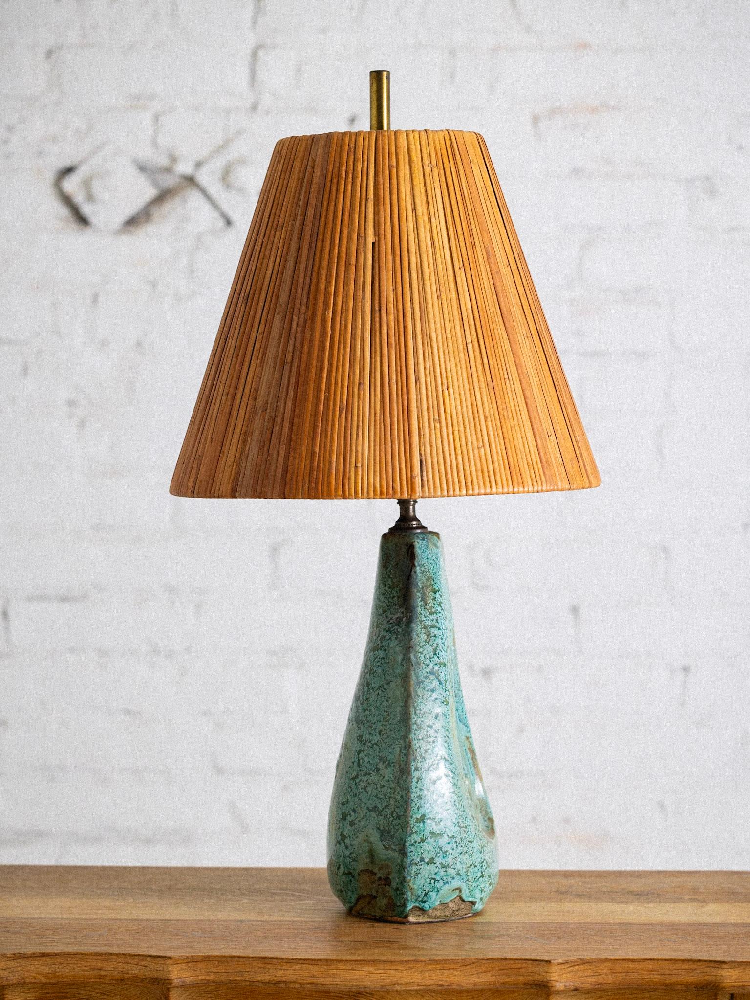 Mid Century Ceramic Lamp With Rattan Shade In Good Condition In Brooklyn, NY