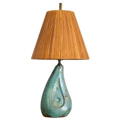 Mid Century Ceramic Lamp With Rattan Shade