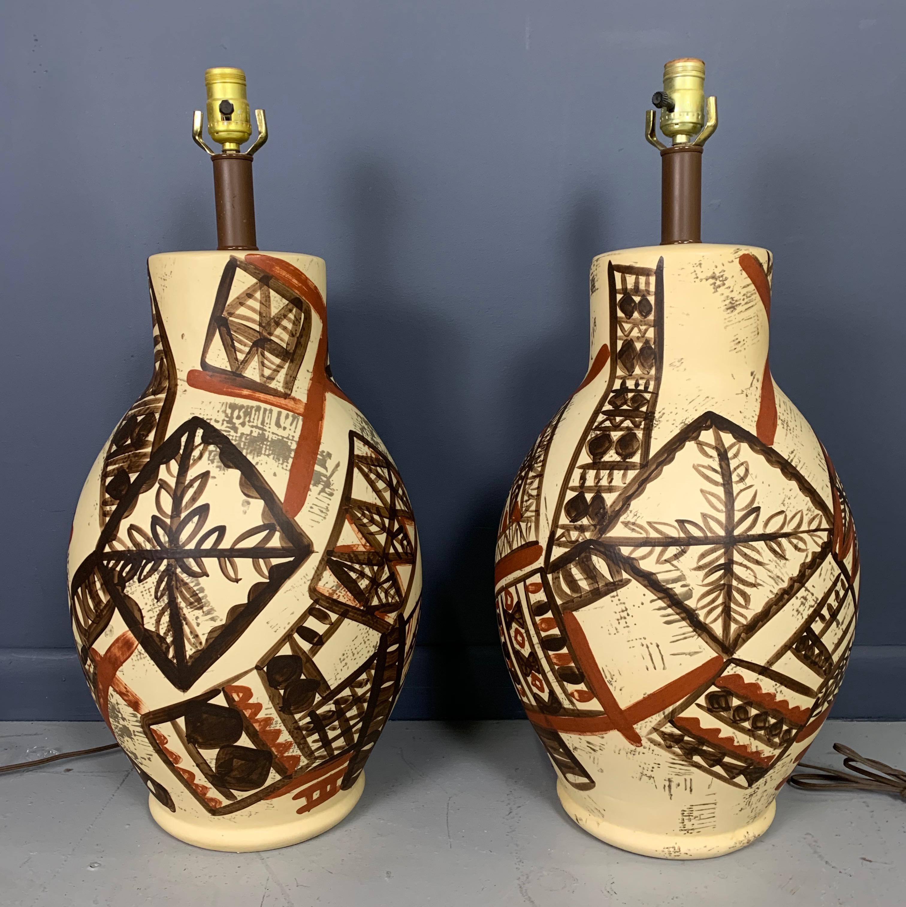 These impressive hand decorated lamps in an abstract design have a midcentury sensibility with a decoration that is reminiscent of Picasso ceramics.

 