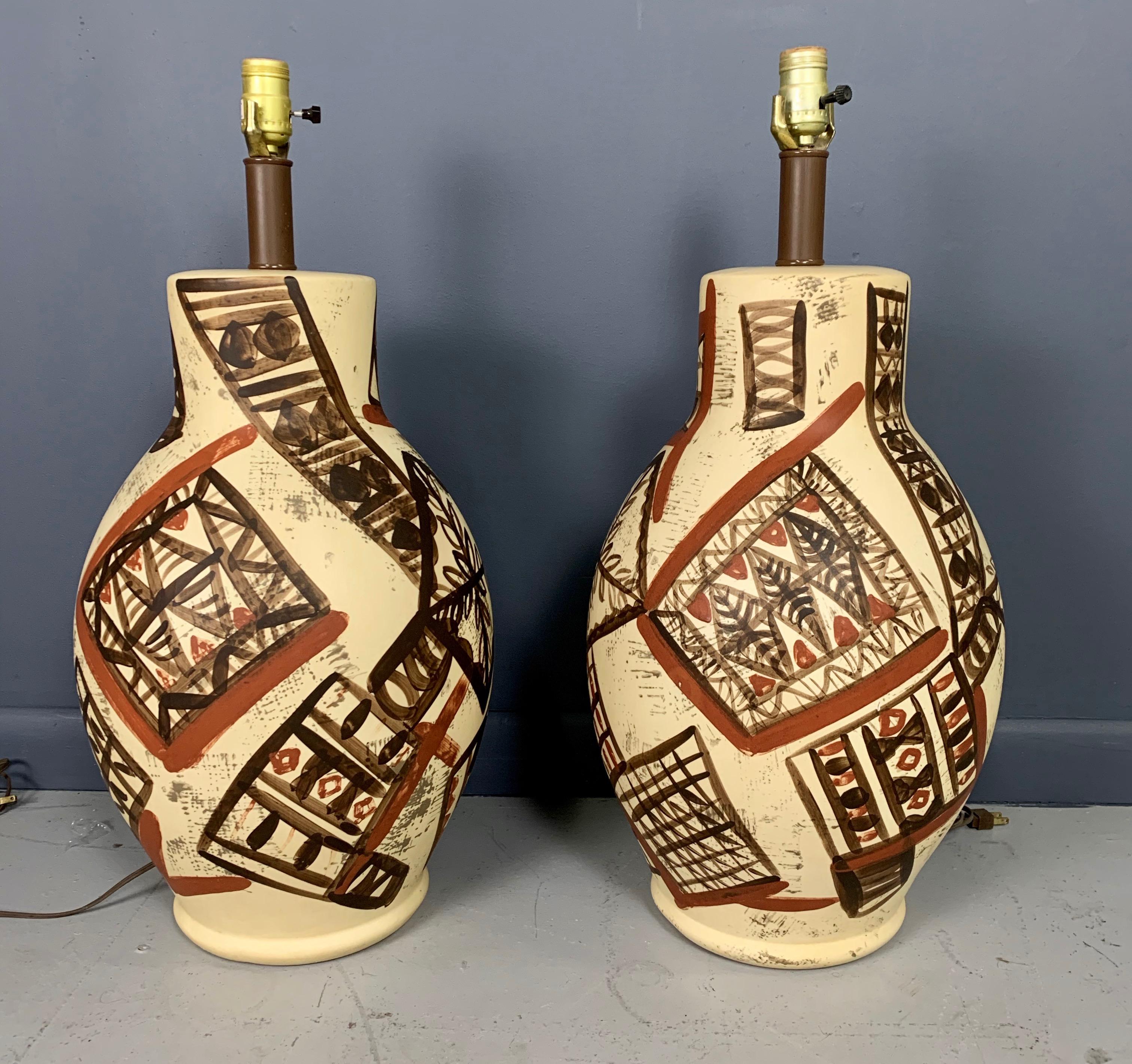 Mid-Century Modern Mid-Century Ceramic Lamps Hand Painted in the Manner of Picasso