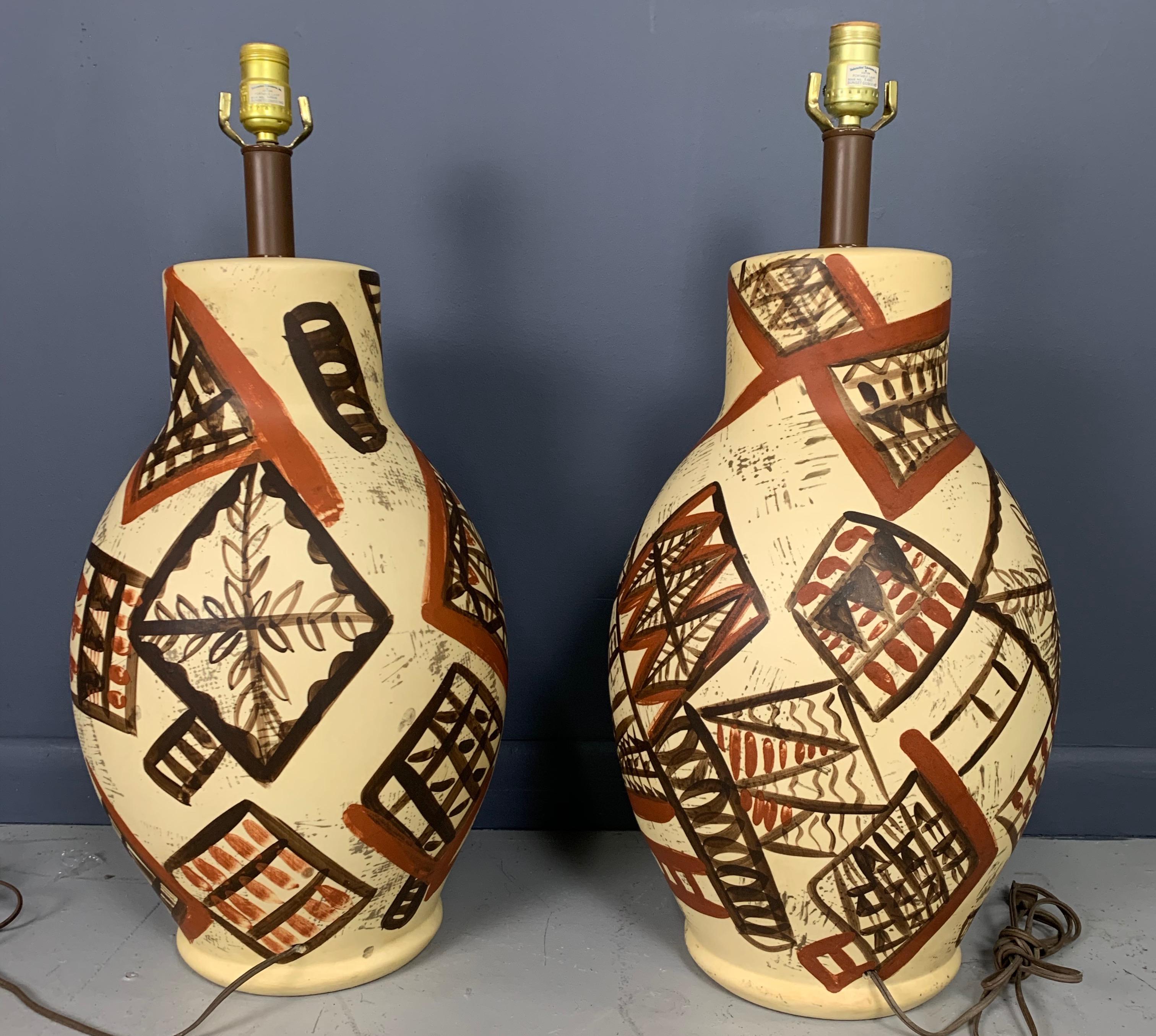 European Mid-Century Ceramic Lamps Hand Painted in the Manner of Picasso