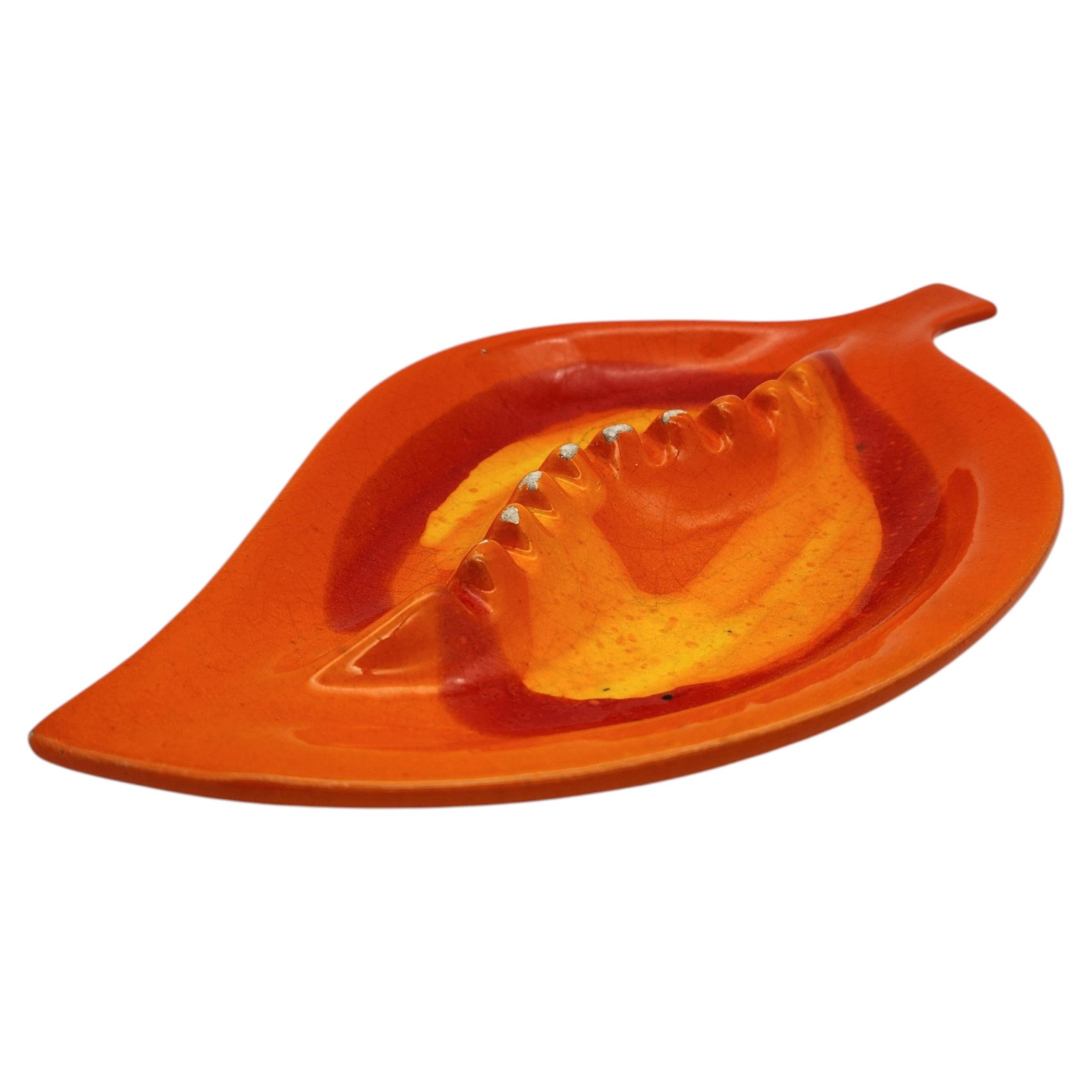 Mid-Century Ceramic Leaf Ashtray, Orange and Yellow Drip Glaze, 1960s