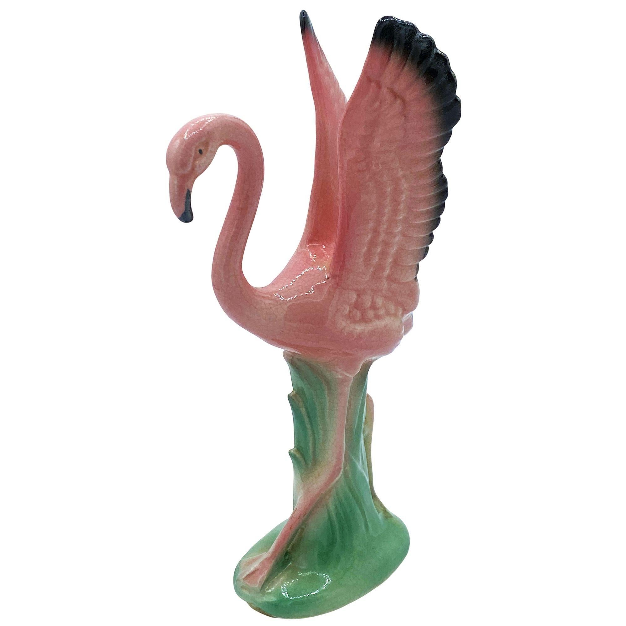 Mid-Century Modern Mid-century Ceramic Mid Flight Pink Flamingo Tabletop Statue Set By Leftons For Sale