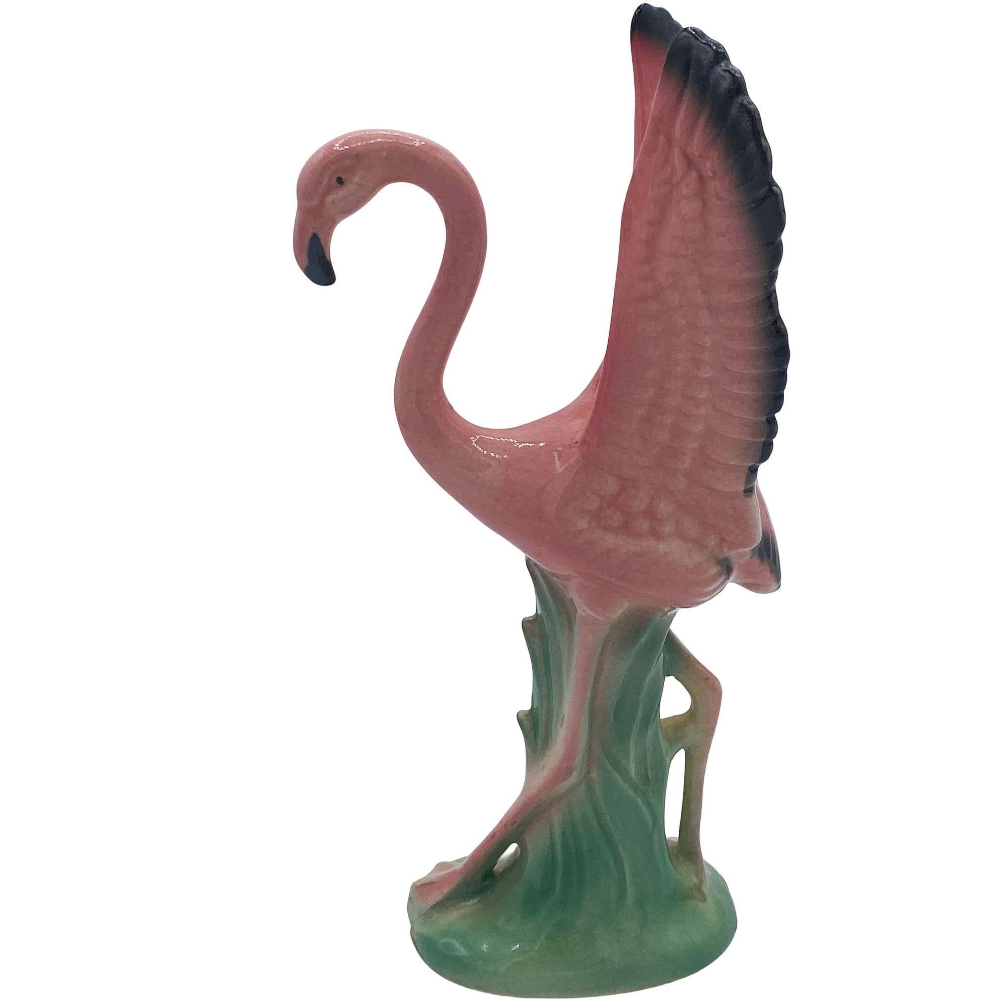 Japanese Mid-century Ceramic Mid Flight Pink Flamingo Tabletop Statue Set By Leftons For Sale