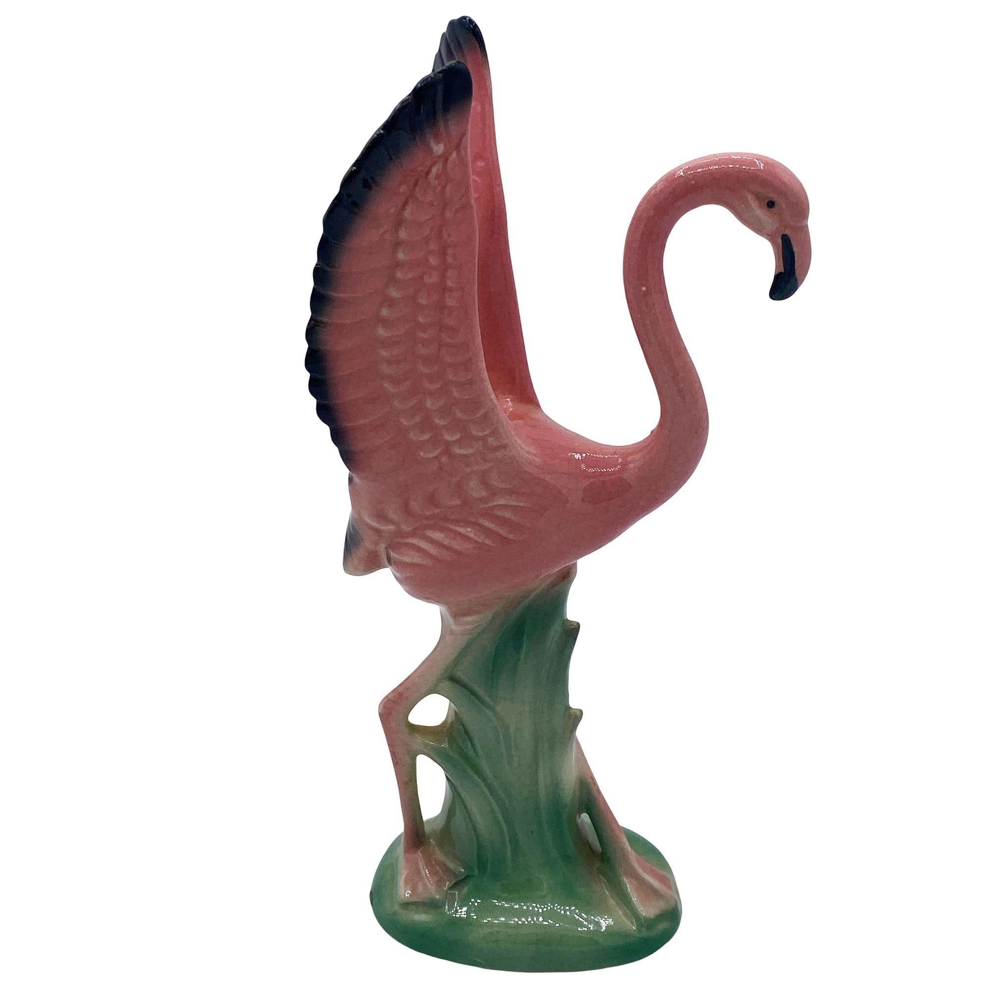 Mid-20th Century Mid-century Ceramic Mid Flight Pink Flamingo Tabletop Statue Set By Leftons For Sale