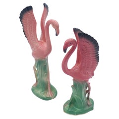 Mid-century Ceramic Mid Flight Pink Flamingo Tabletop Statue Set By Leftons